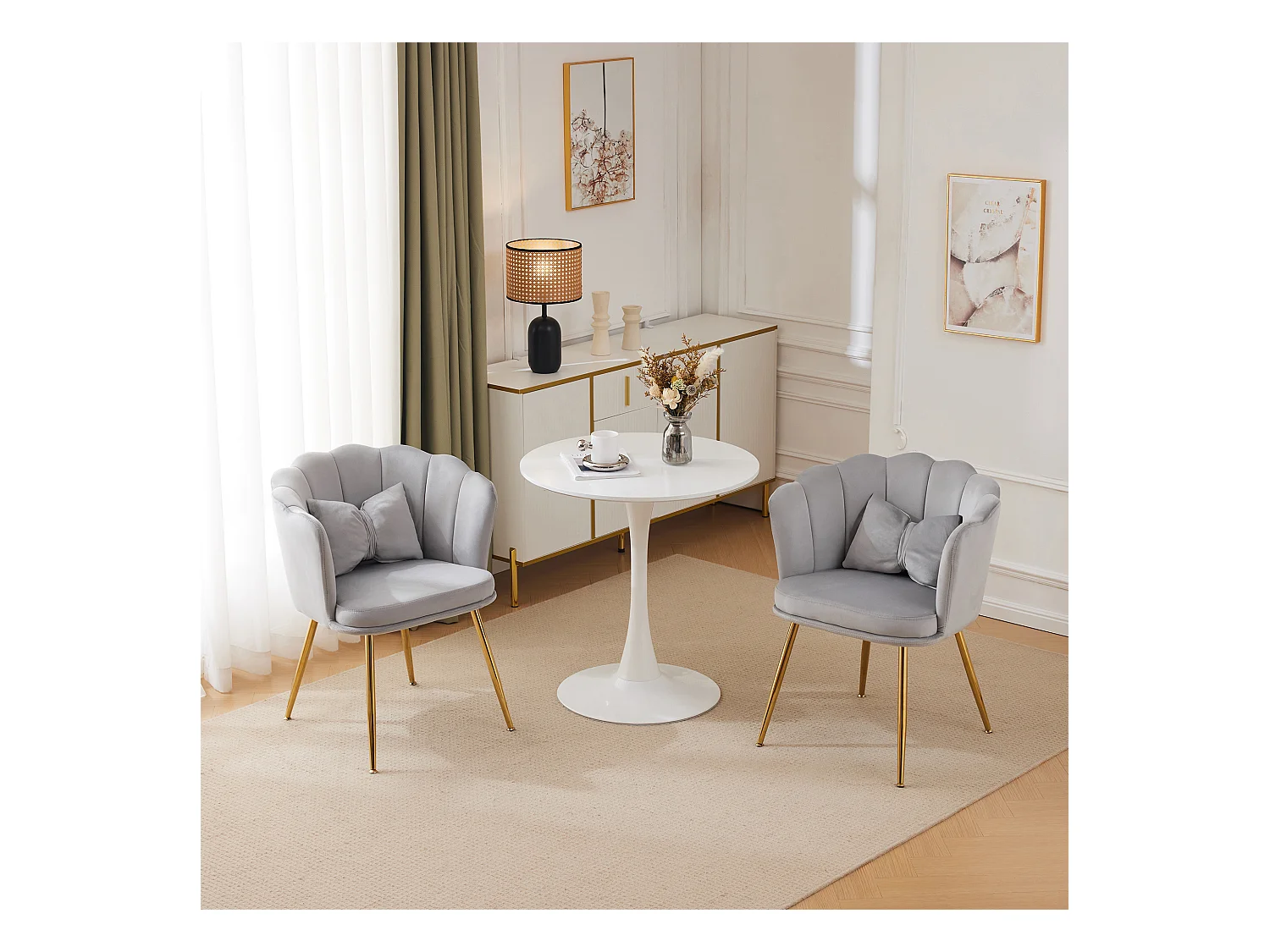 Lot de 2 chaises de salle à manger en velours - 62 x 54.5 x 77 cm - avec dossier - Pieds en métal - Gris