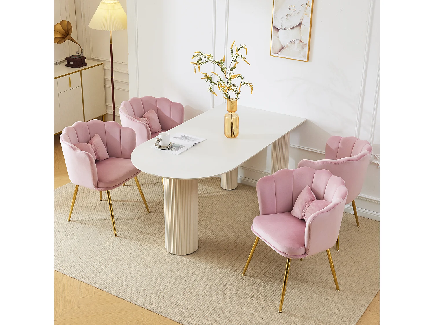 Set mit 4 Esszimmerstühlen aus Samt – 62 x 54,5 x 77 cm – mit Rückenlehne – Metallbeine – Rosa