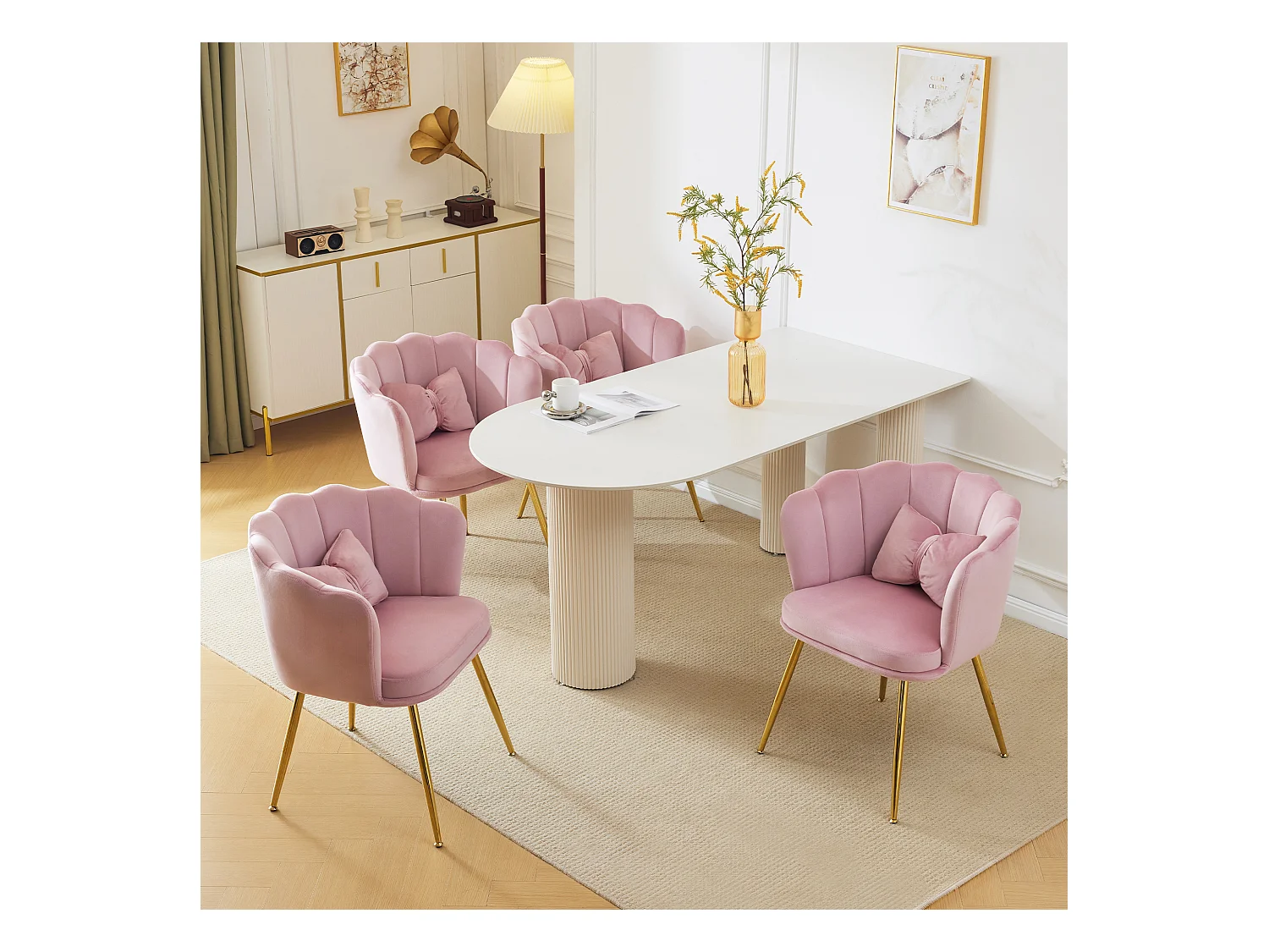 Lot de 4 chaises de salle à manger en velours - 62 x 54.5 x 77 cm - avec dossier - Pieds en métal - Rose