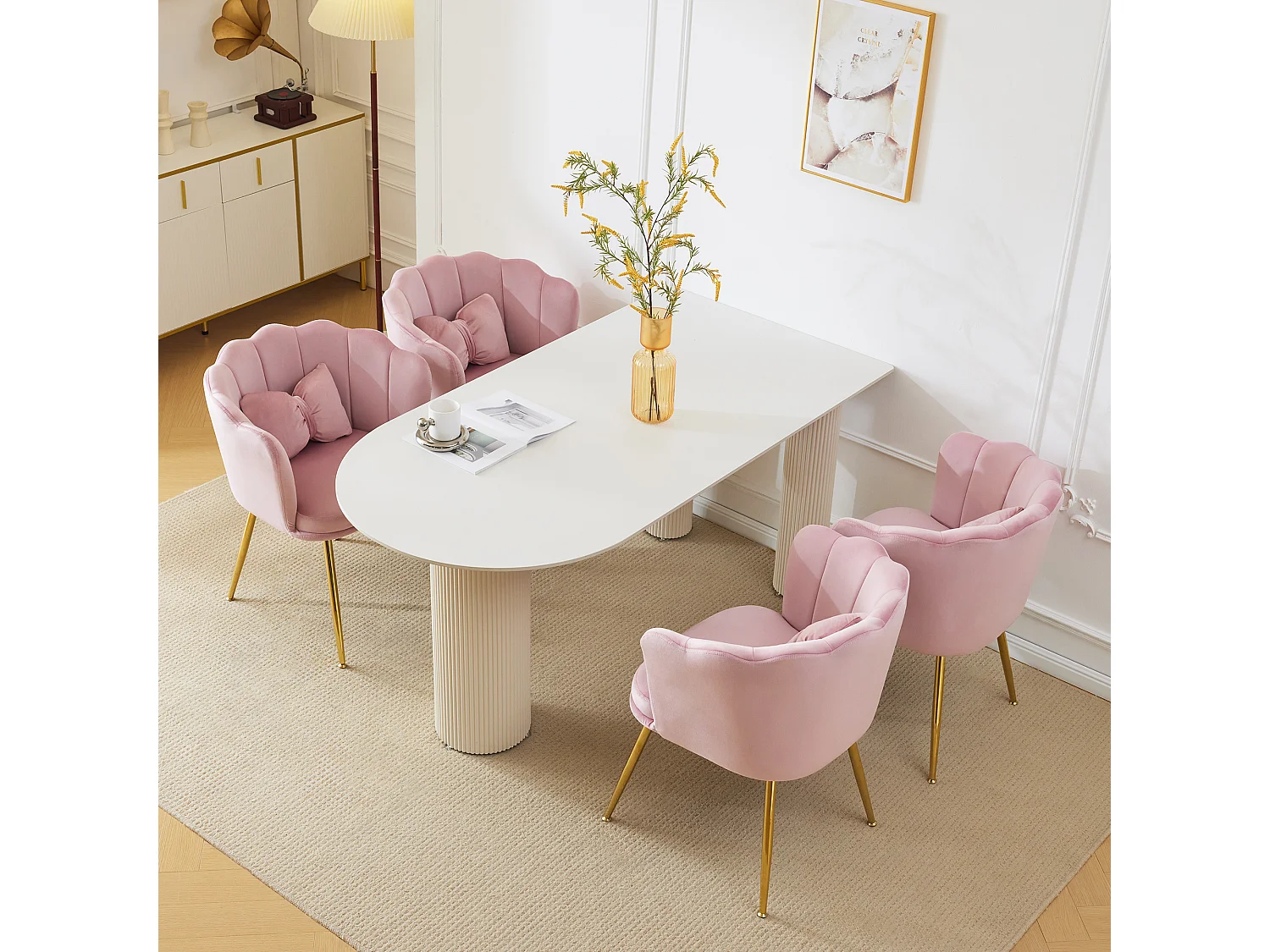 Set di 4 sedie da pranzo in velluto - 62 x 54,5 x 77 cm - con schienale - Gambe in metallo - Rosa