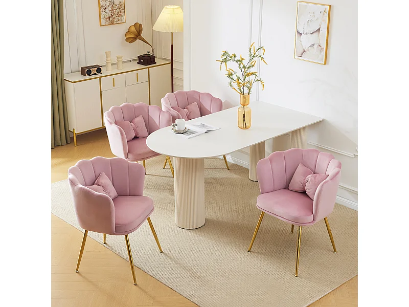 Lot de 4 chaises de salle à manger en velours - 62 x 54.5 x 77 cm - avec dossier - Pieds en métal - Rose