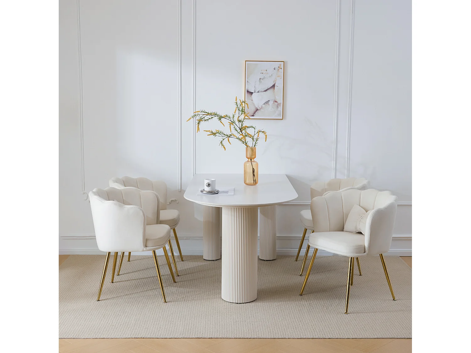 Set van 4 fluwelen eetkamerstoelen - 62 x 54,5 x 77 cm - met rugleuning - Metalen poten - Beige