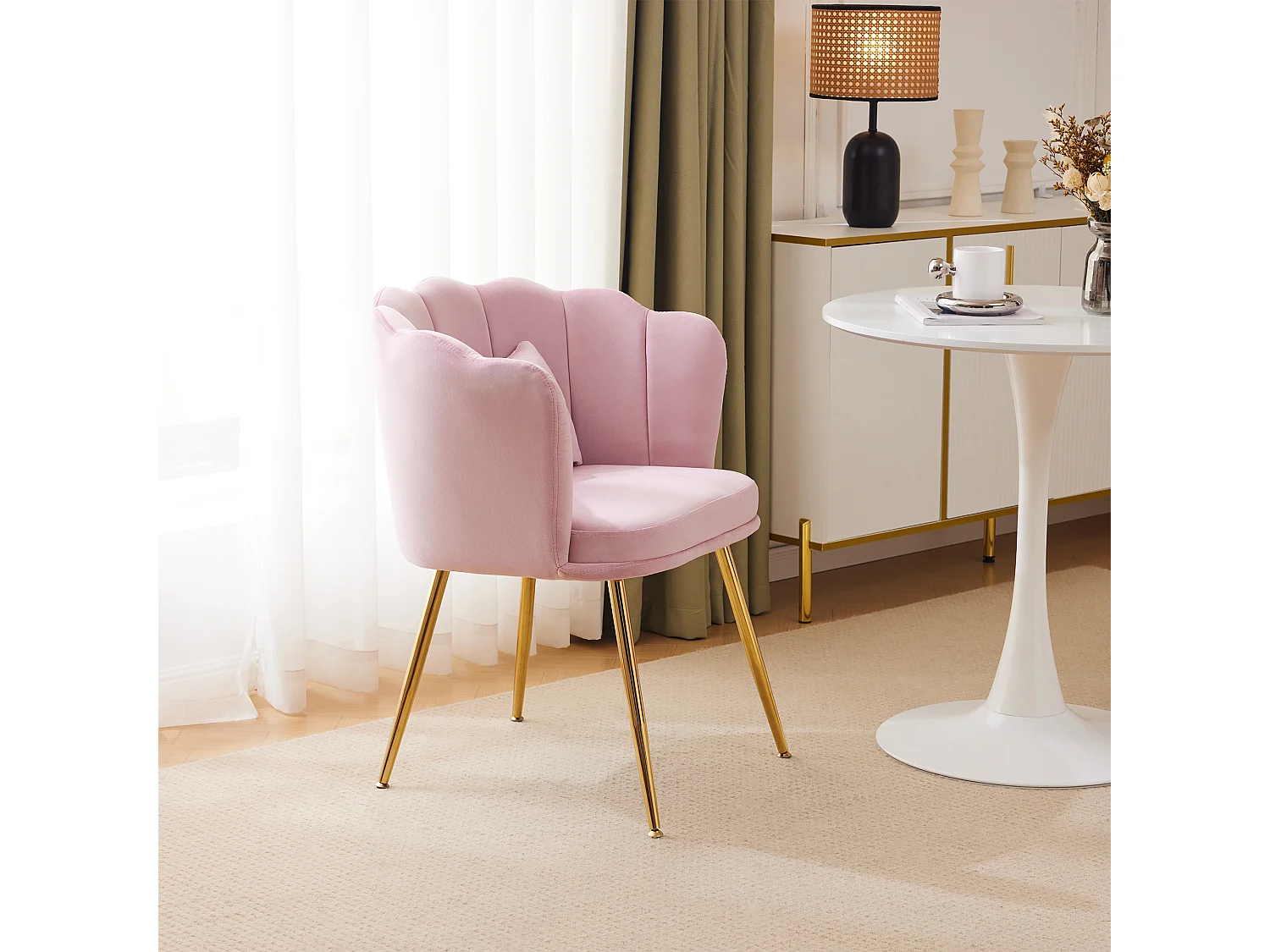 Chaise de salle à manger en velours - 62 x 54.5 x 77 cm - avec dossier - Pieds en métal - Rose