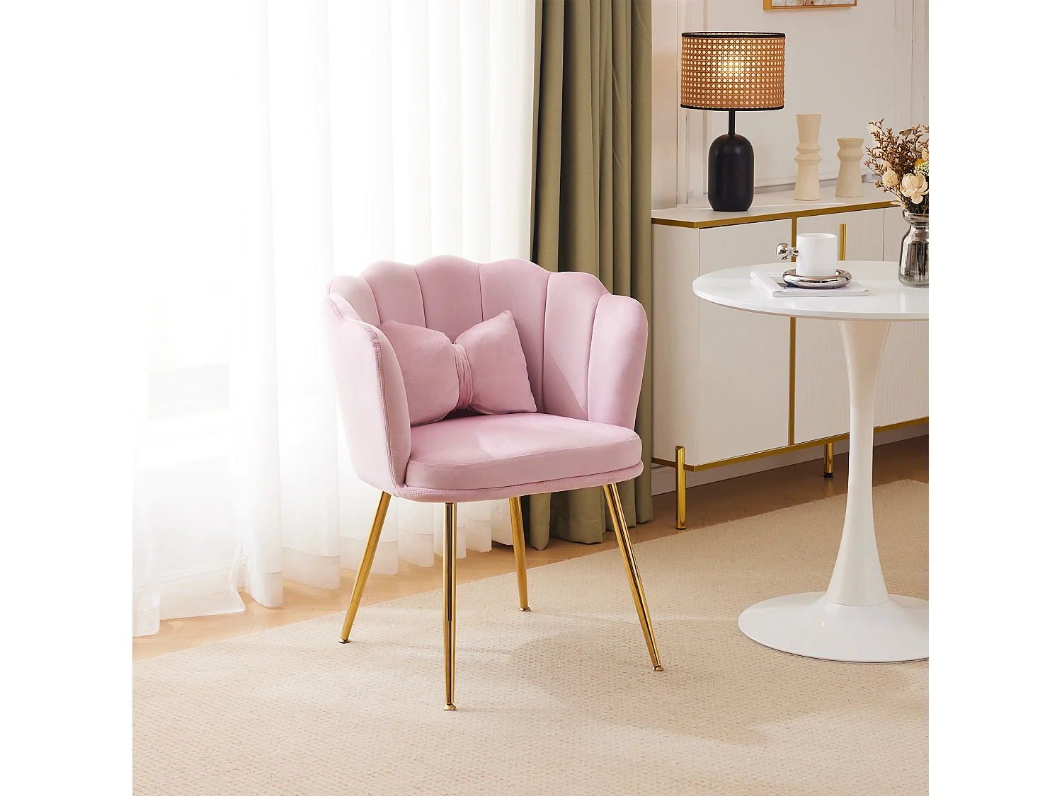 Chaise de salle à manger en velours - 62 x 54.5 x 77 cm - avec dossier - Pieds en métal - Rose