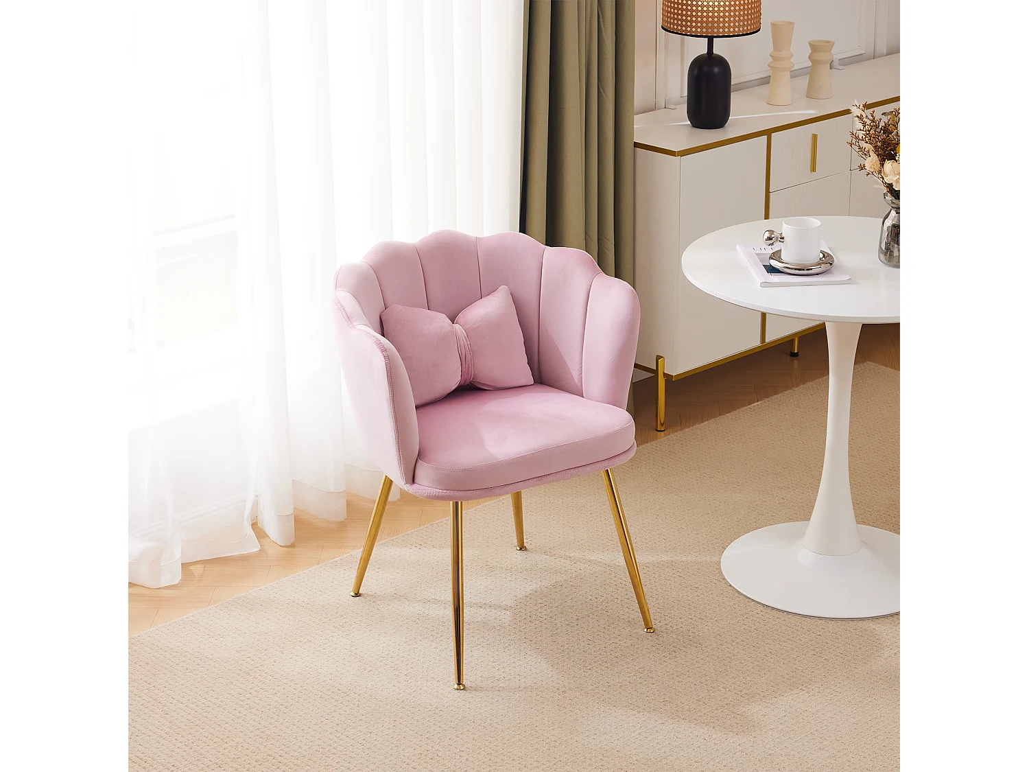 Chaise de salle à manger en velours - 62 x 54.5 x 77 cm - avec dossier - Pieds en métal - Rose