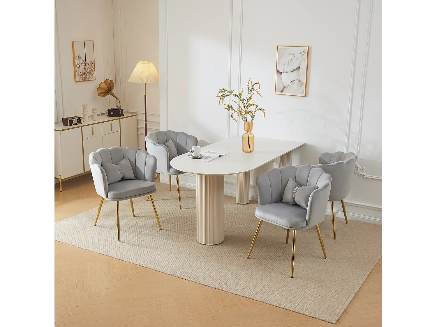 Set van 4 fluwelen eetkamerstoelen - 62 x 54,5 x 77 cm - met rugleuning - Metalen poten - Grijs