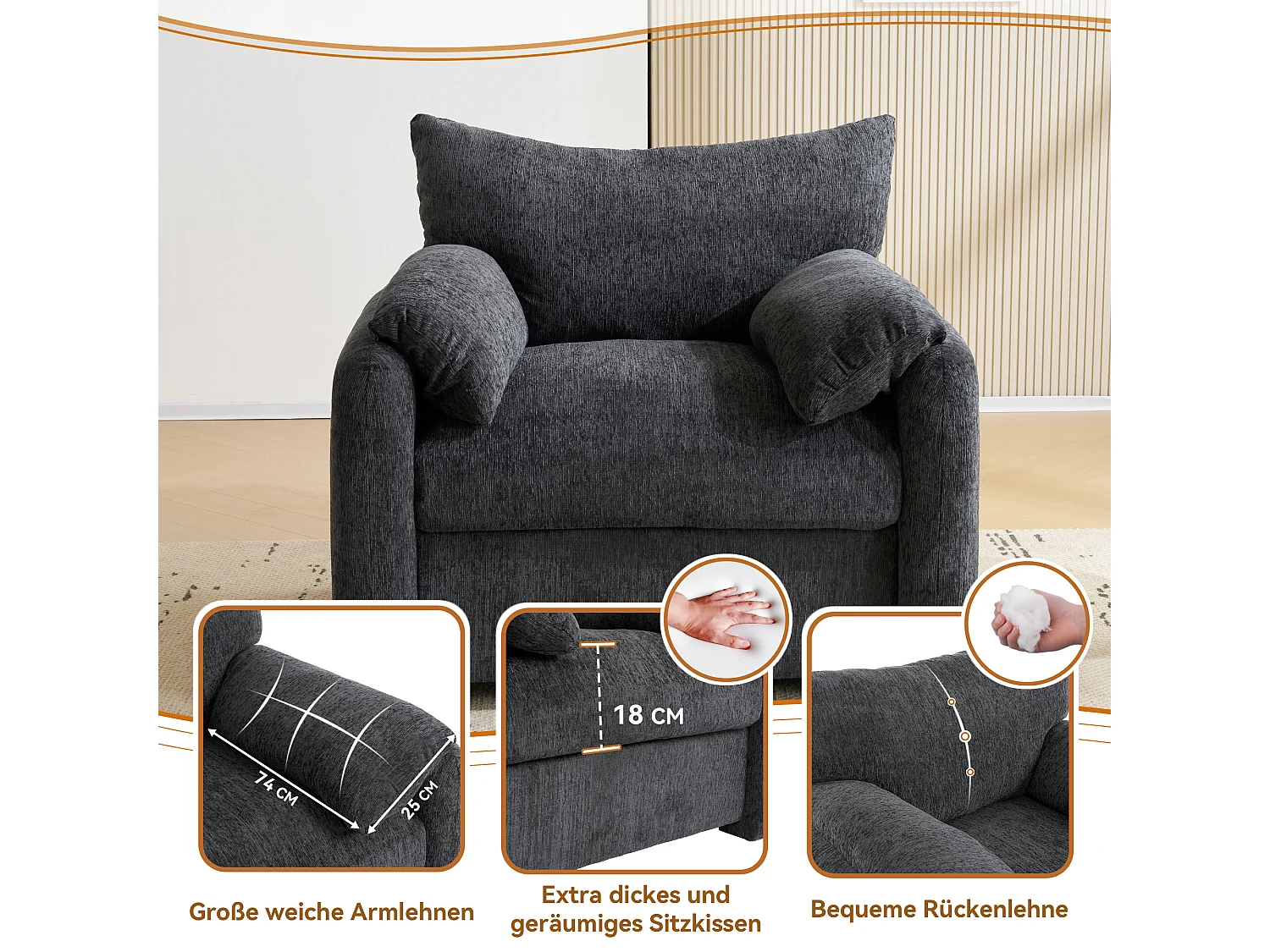 Nowoczesny fotel - 96 x 82 x 84 cm - sofa pojedyncza - fotel wypoczynkowy - szenil - szary