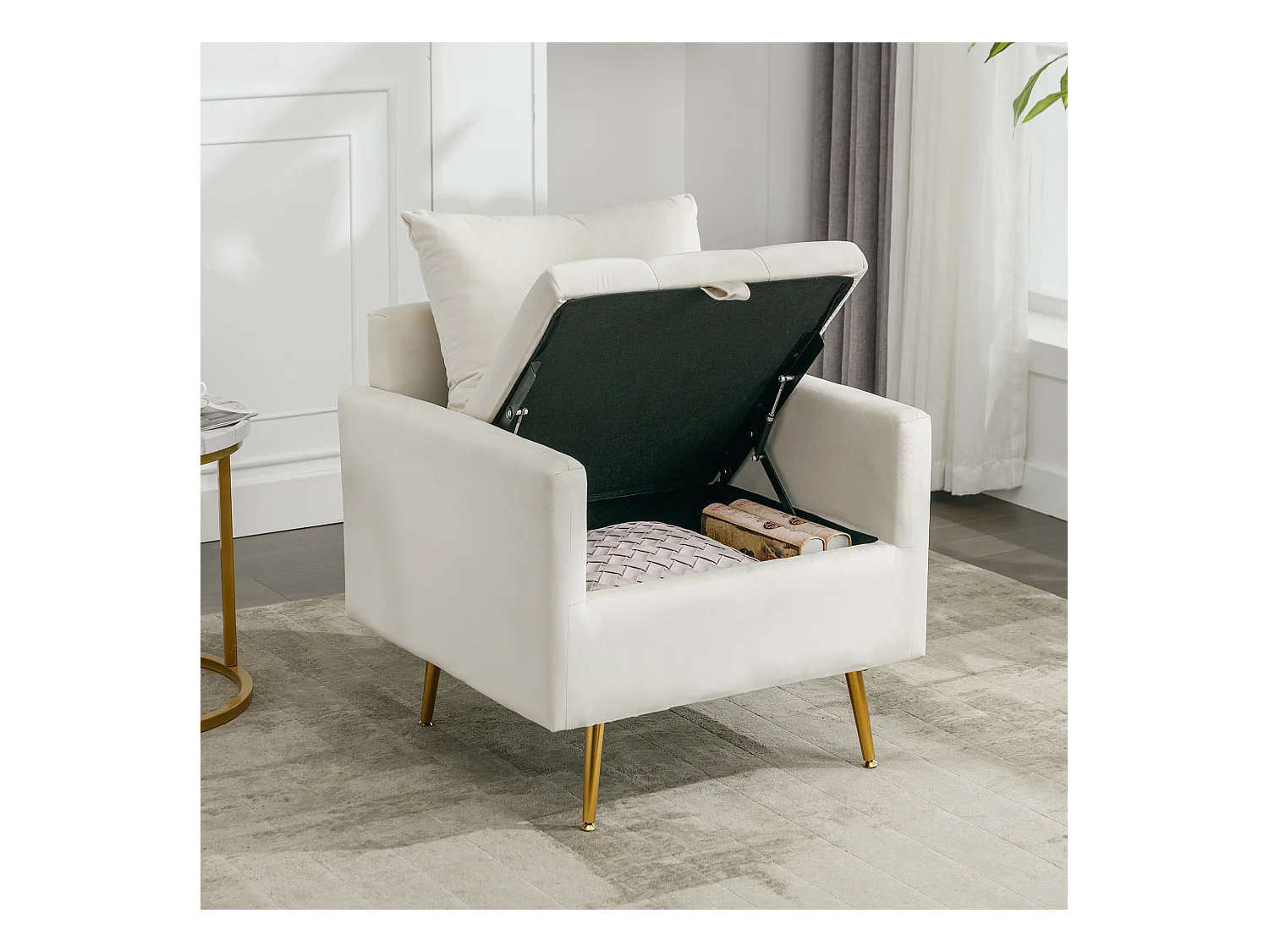 Fauteuil, pouf avec rangement - 71 x 71 x 76 cm - Tissu en velours - Pieds en métal doré - Beige