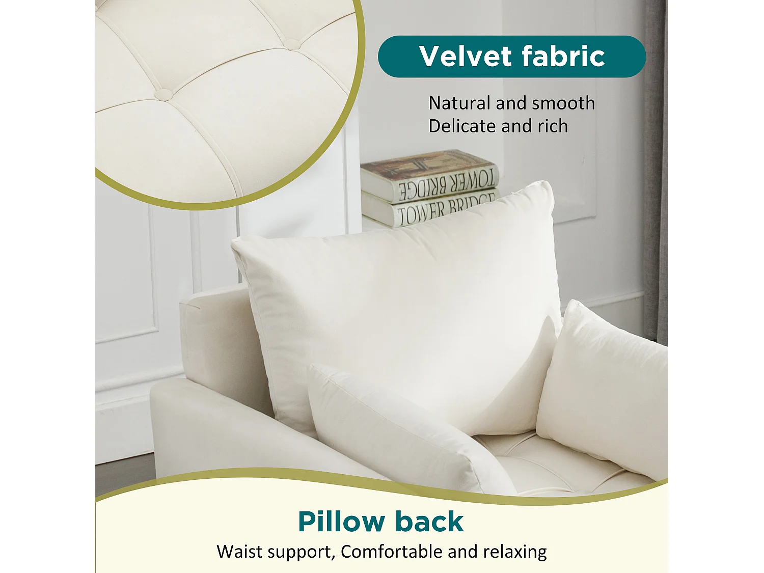 Poltrona, pufe com arrumação - 71 x 71 x 76 cm - Tecido veludo - Pernas de metal dourado - Bege