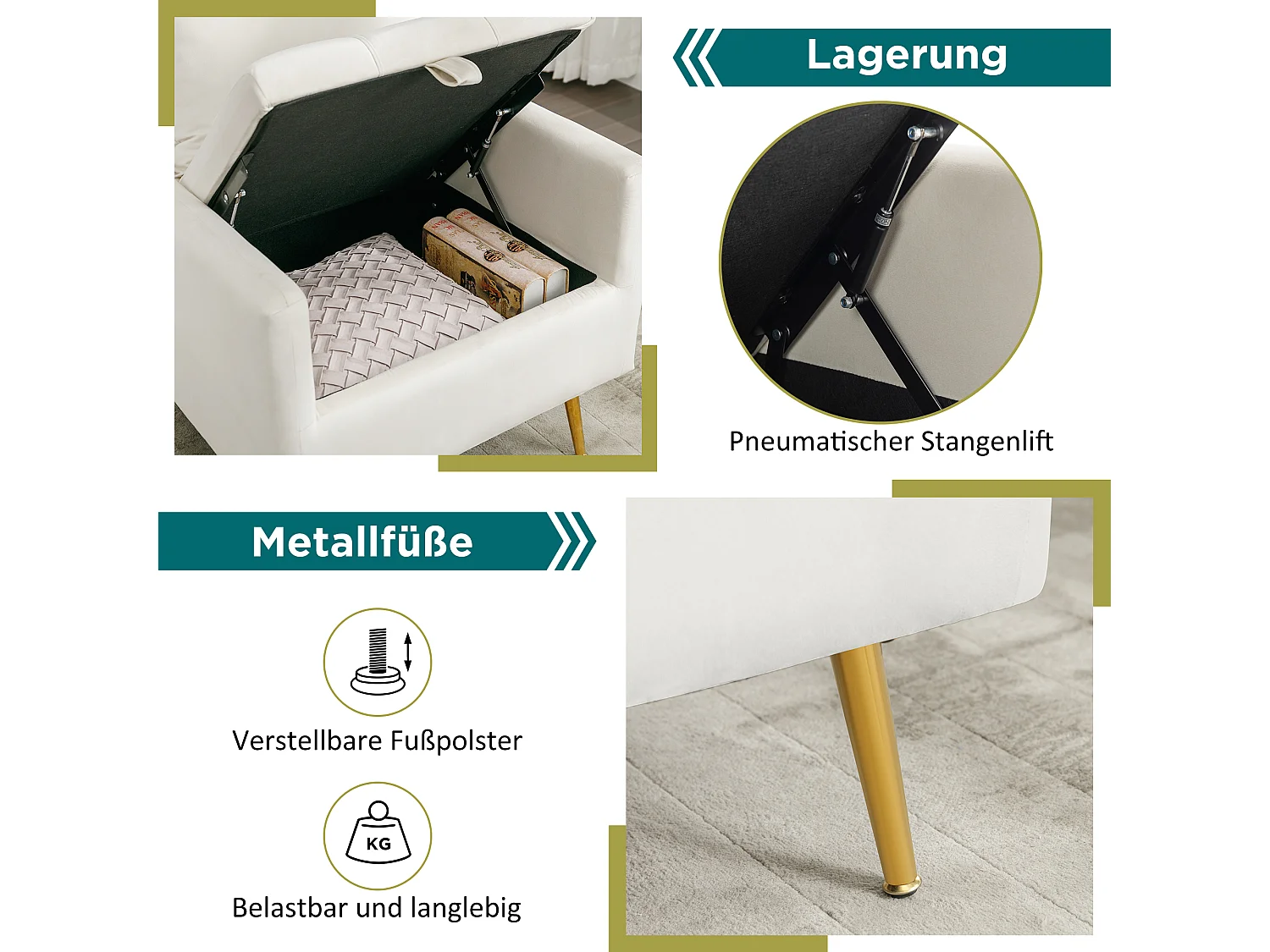 Poltrona, pufe com arrumação - 71 x 71 x 76 cm - Tecido veludo - Pernas de metal dourado - Bege