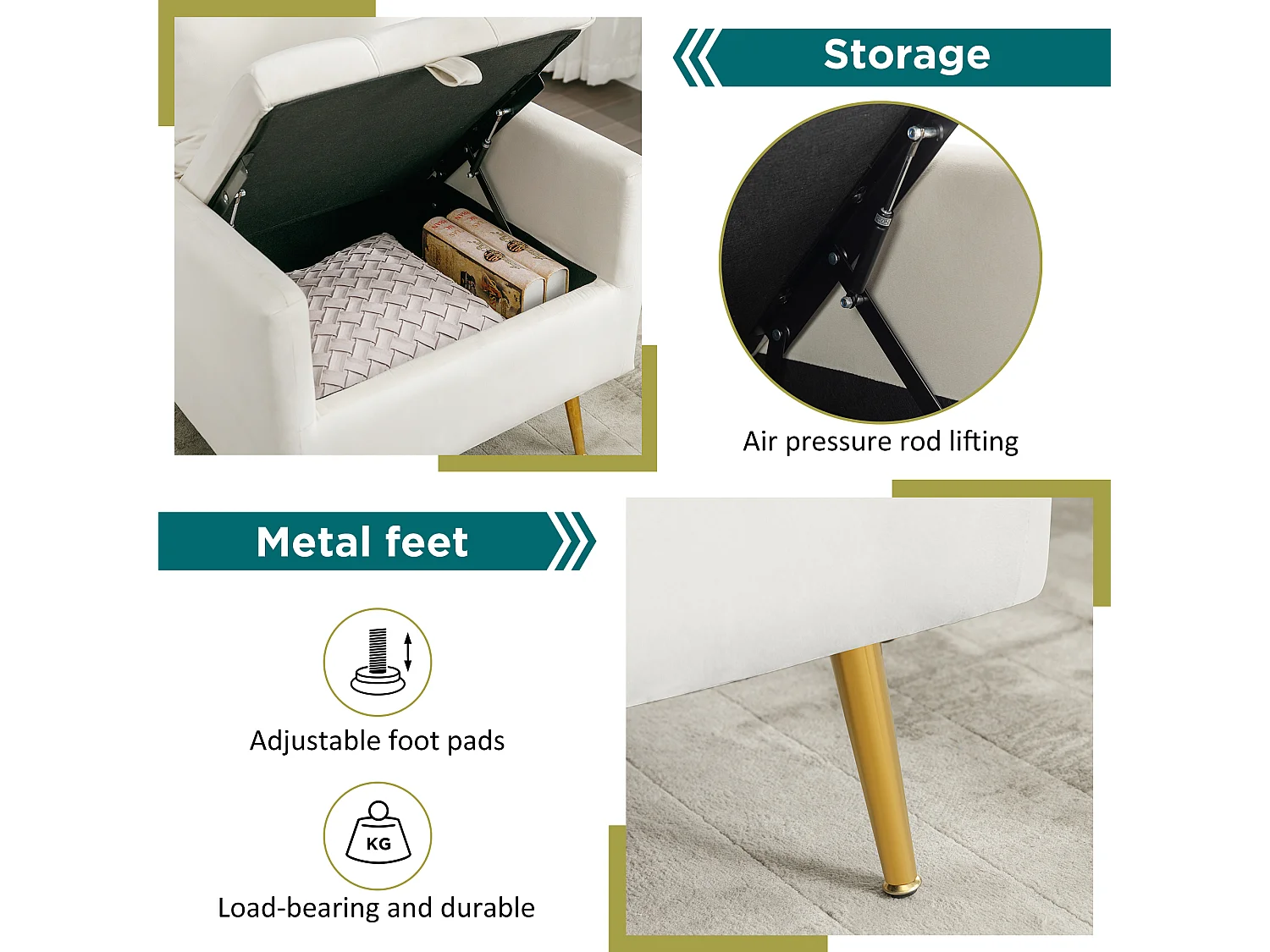 Poltrona, pufe com arrumação - 71 x 71 x 76 cm - Tecido veludo - Pernas de metal dourado - Bege