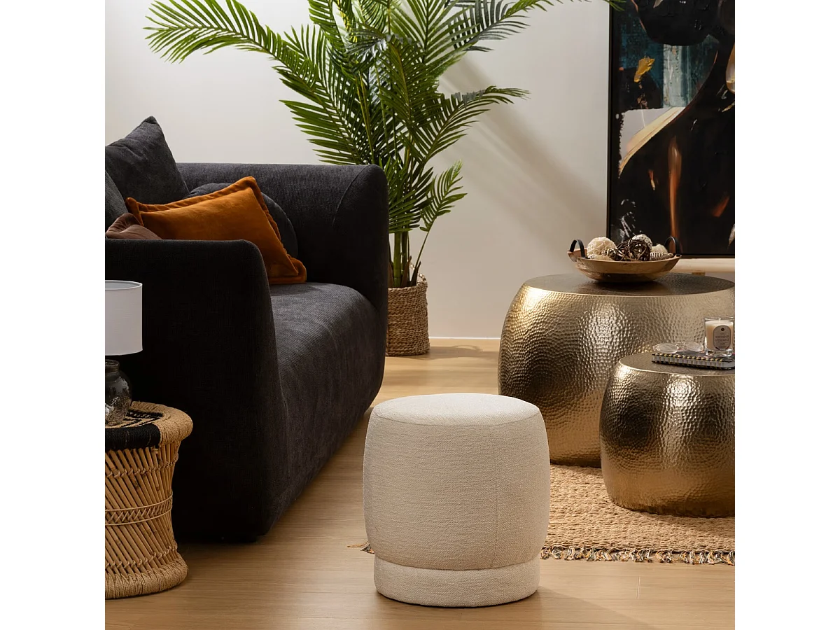 Pouf rond en tissu coloris blanc - diamètre 39 x Hauteur  40 cm