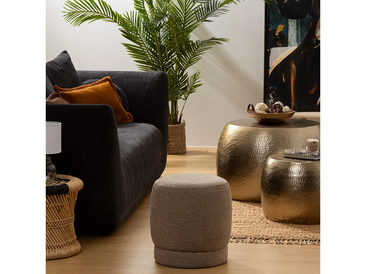 Pouf rond en tissu coloris taupe  - diamètre 39  x Hauteur 40 cm