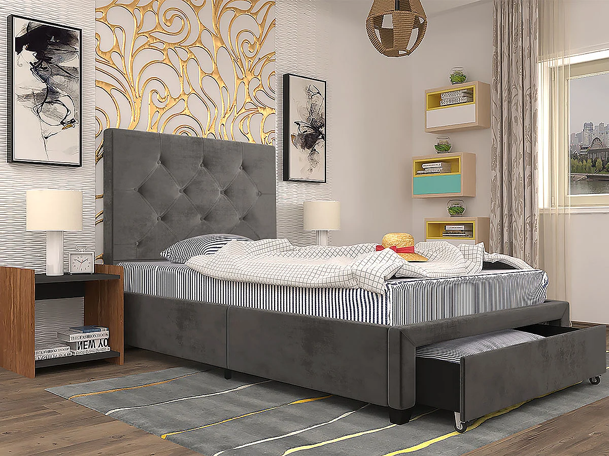 Cama Doris Individual com Gavetão (Cinza)(200×90 cm)