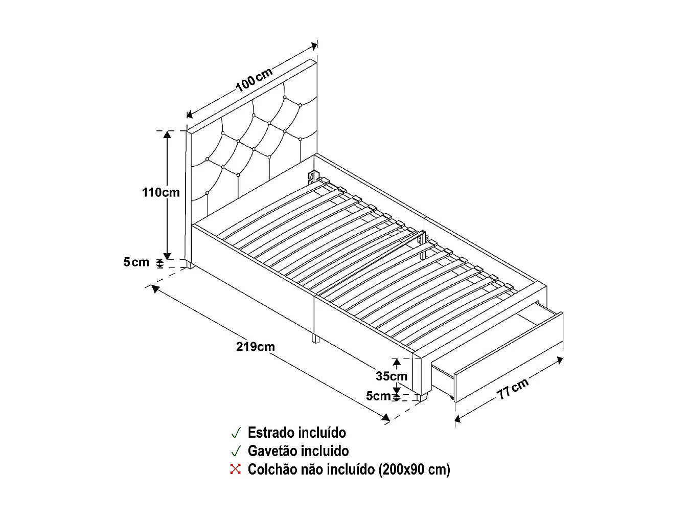 Cama Doris Individual com Gavetão (Cinza)(200×90 cm)