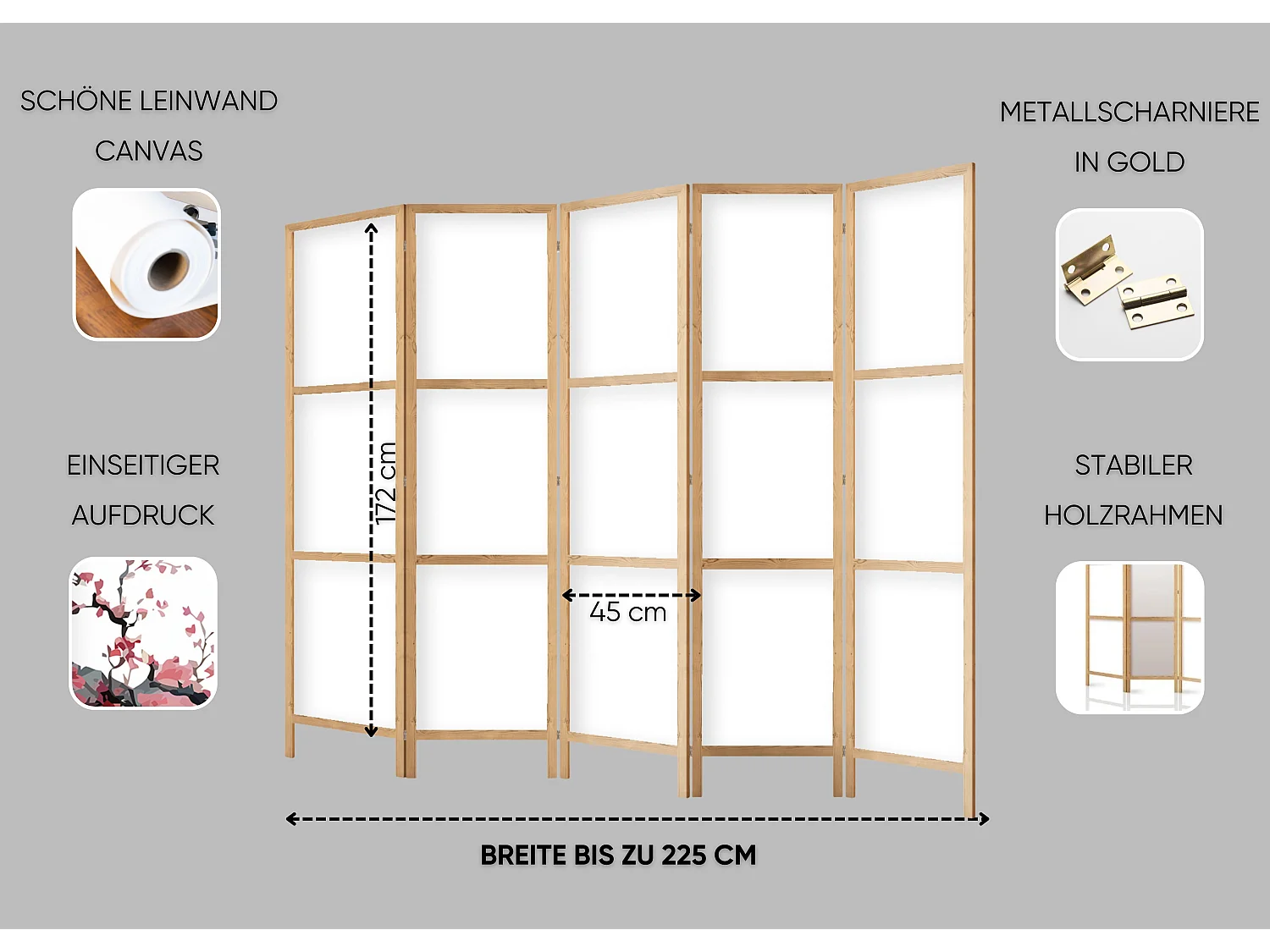 Paravent Innen Raumteiler Holz Japan 225x172 cm 5-teilig Japanische Trennwand Raumtrenner Room Divider Mobiler Sichtschutz Spanische Wand Raum Abtrennung