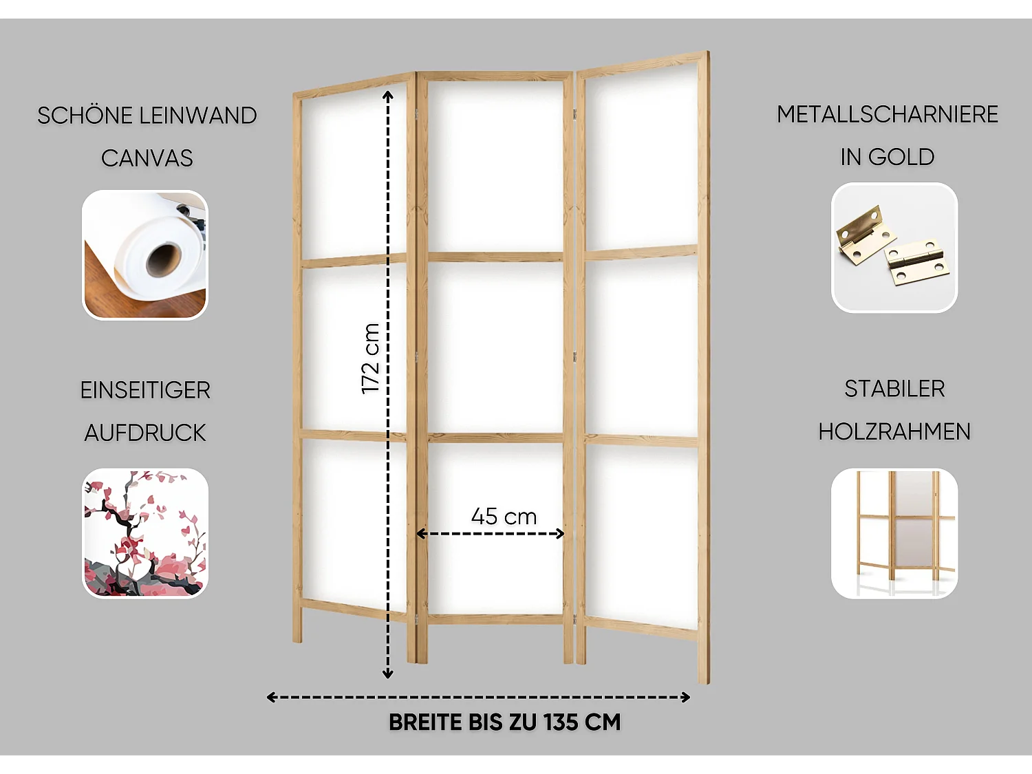 Paravent Innen Raumteiler Holz Japan 135x172 cm 3-teilig Japanische Trennwand Raumtrenner Room Divider Mobiler Sichtschutz Spanische Wand Raum Abtrennung
