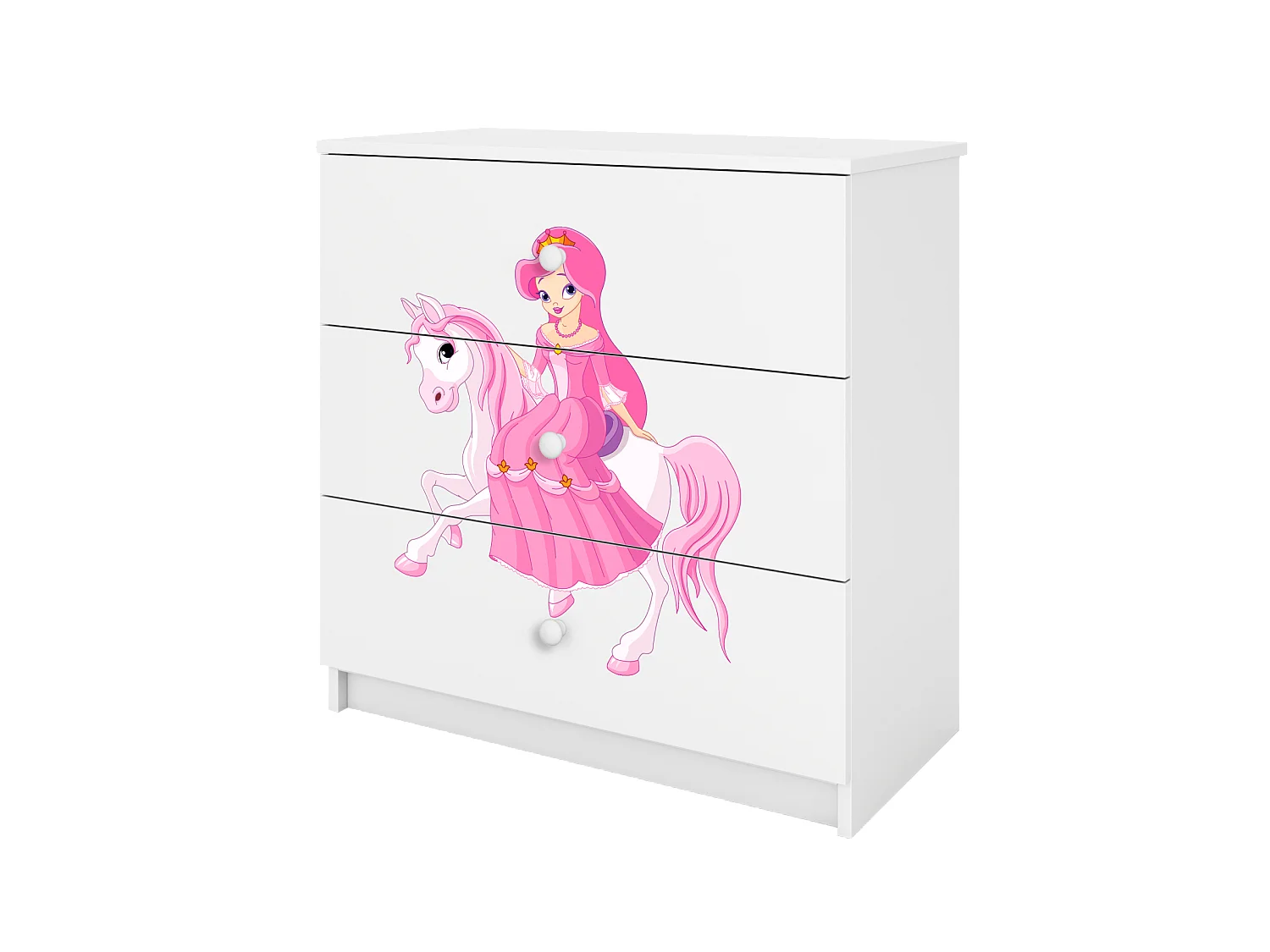 Comò bambino bianco Babydreams 3 cassetti motivo Principessa a cavallo, pannello laminato 18 mm, design moderno