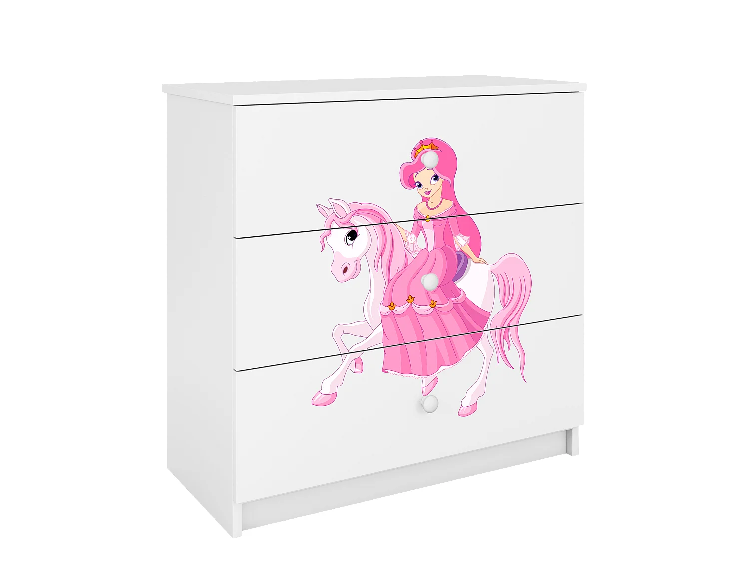 Comò bambino bianco Babydreams 3 cassetti motivo Principessa a cavallo, pannello laminato 18 mm, design moderno