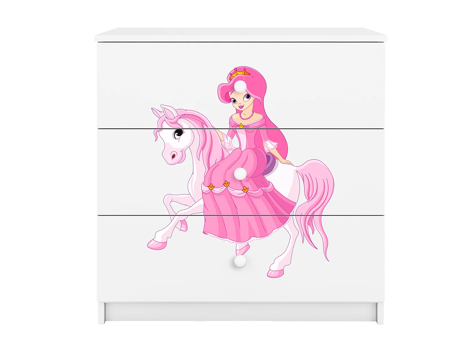 Comò bambino bianco Babydreams 3 cassetti motivo Principessa a cavallo, pannello laminato 18 mm, design moderno