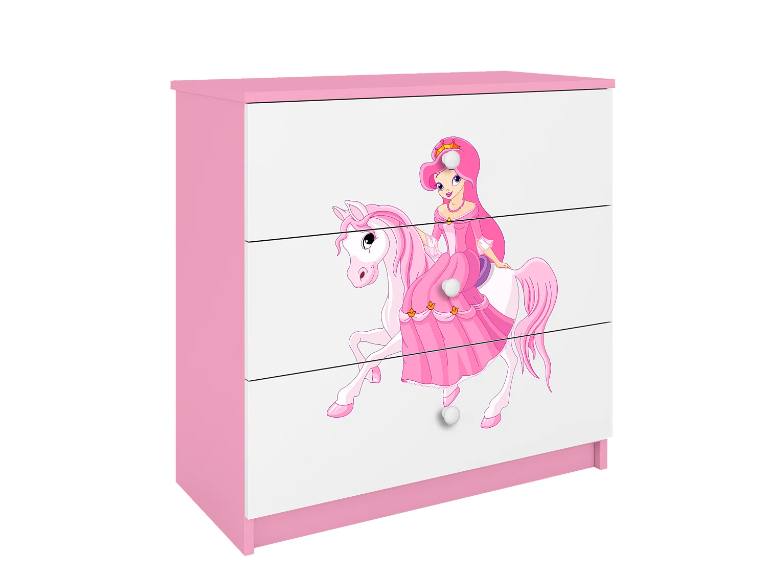 Comò per bambini rosa Babydreams Principessa a cavallo, 3 ampi cassetti, pannello laminato 18 mm, design moderno