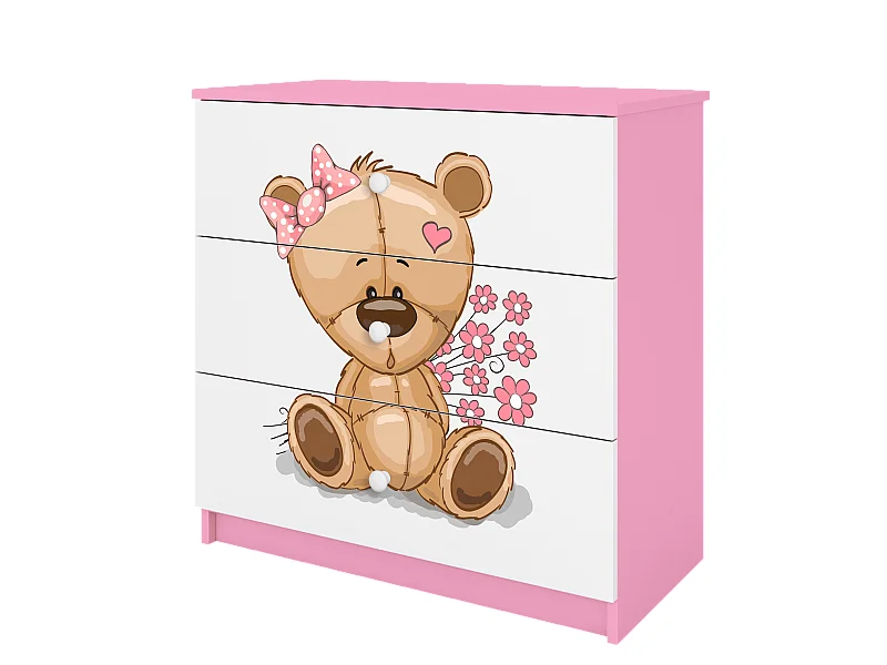 Kinderkommode mit Schubladen Teddybär Blumen in der Farbe Rosa Babydreams