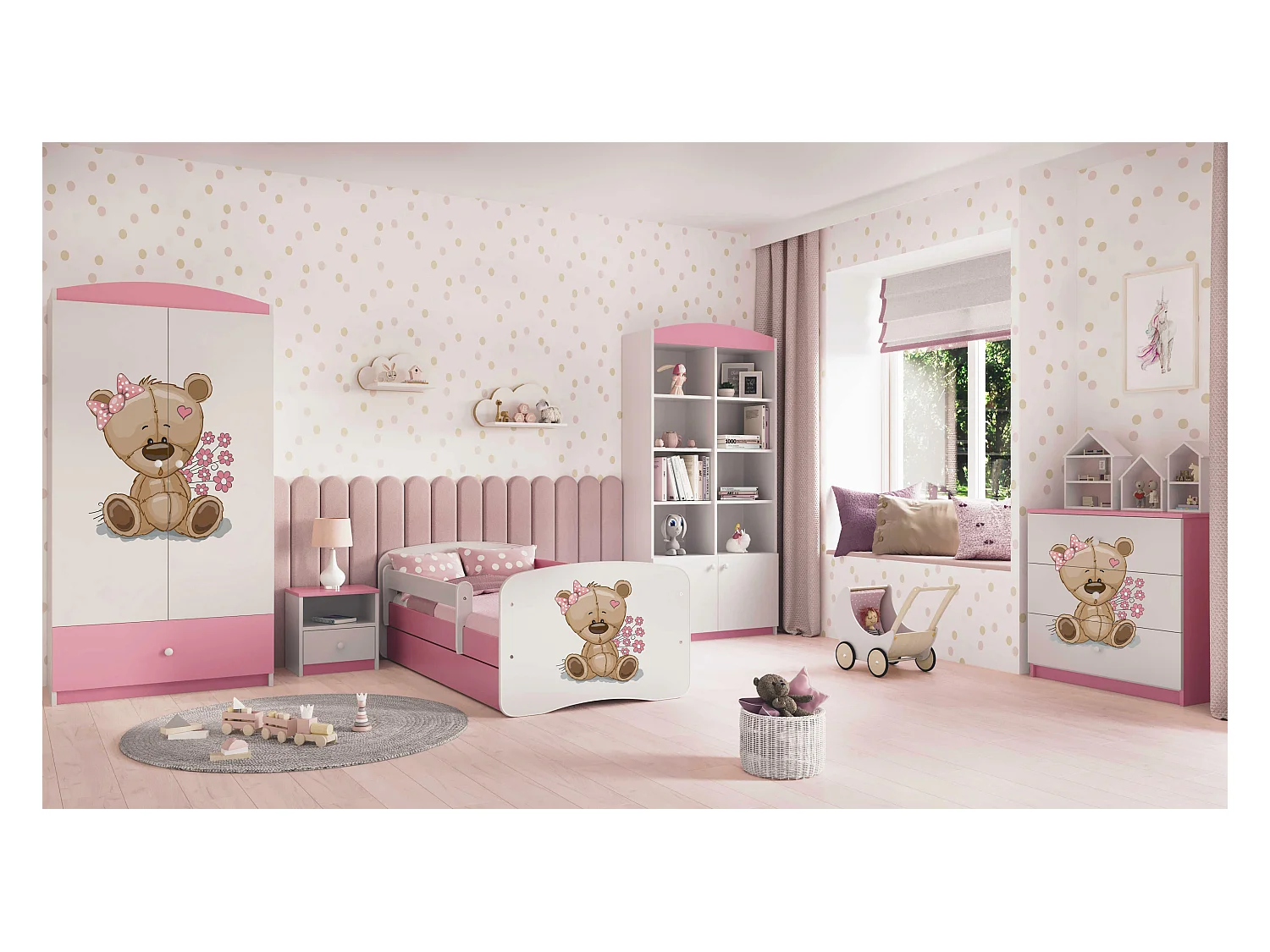Kinderkommode mit Schubladen Teddybär Blumen in der Farbe Rosa Babydreams