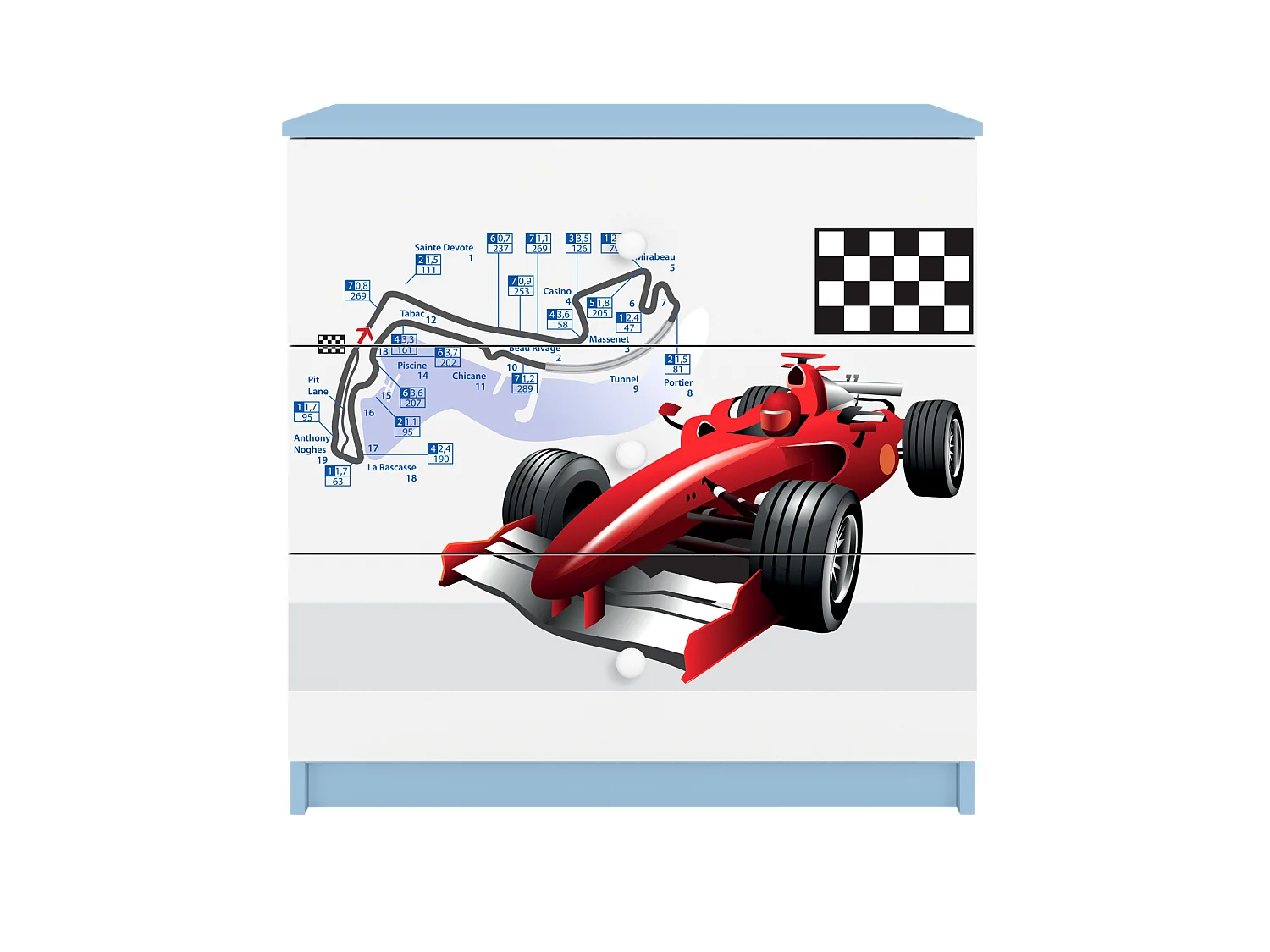 Kinderkommode mit Schubladen Formel 1 in der Farbe Blau Babydreams