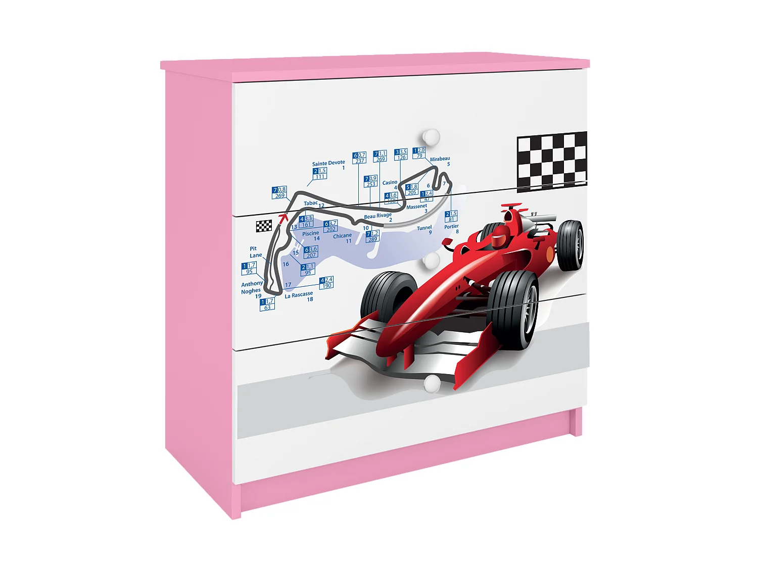 Kinderkommode mit Schubladen Formel 1 in der Farbe Rosa Babydreams