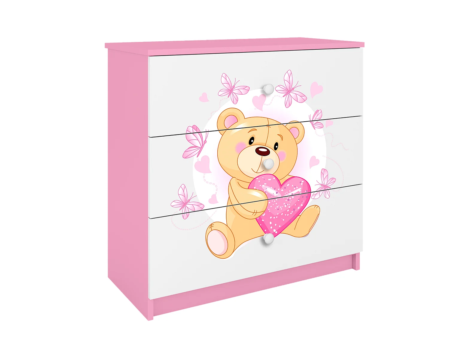 Kinderkommode mit Schubladen Teddybär Schmetterlinge in der Farbe Rosa Babydreams