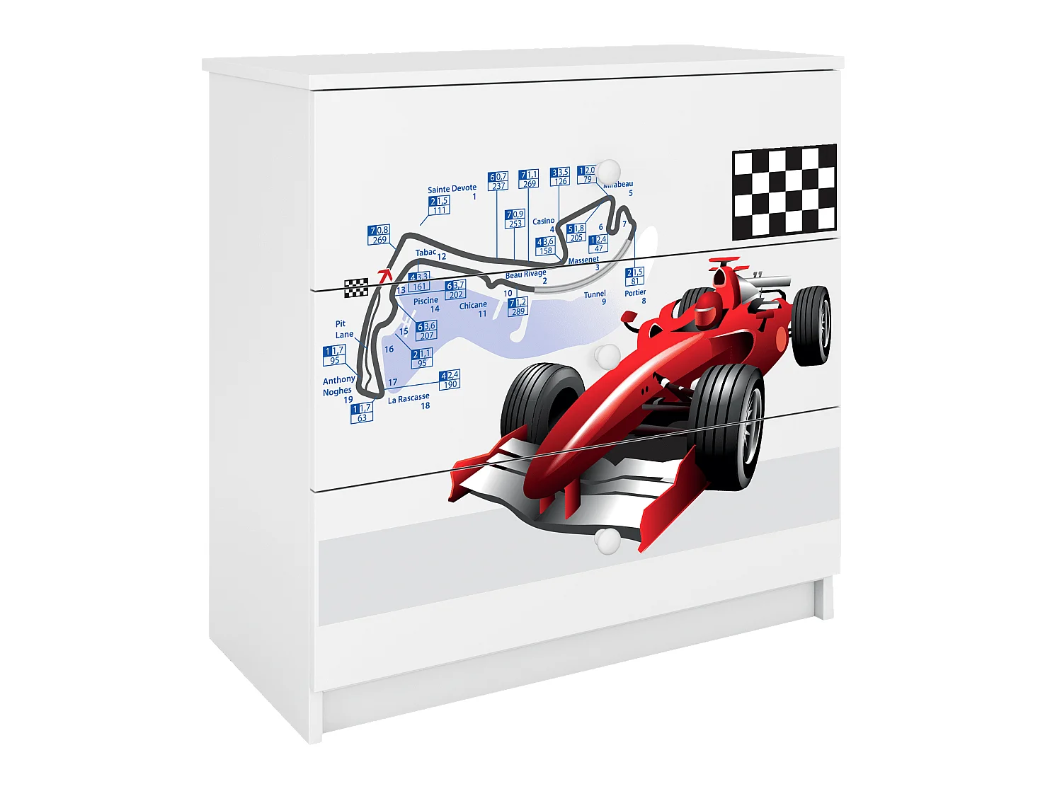 Kinderkommode mit Schubladen Formel 1 in der Farbe Weiß Babydreams