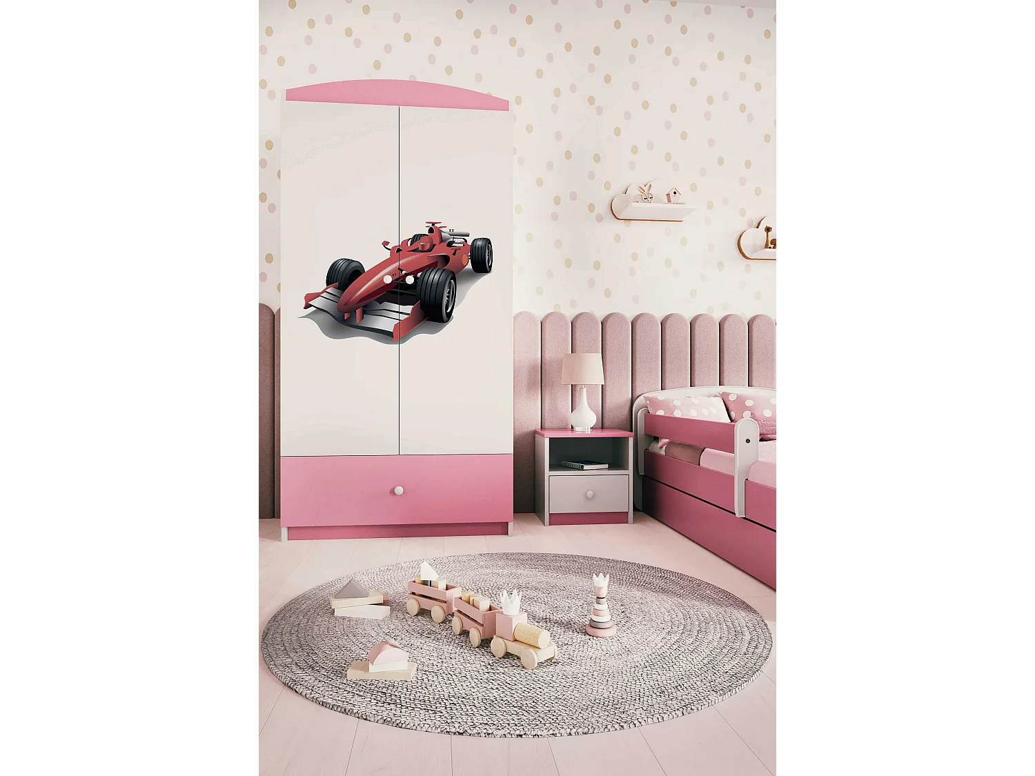 Kinderkleiderschrank Babydreams Drehtürenschrank Kleiderschrank Formel 1 Hellrosa