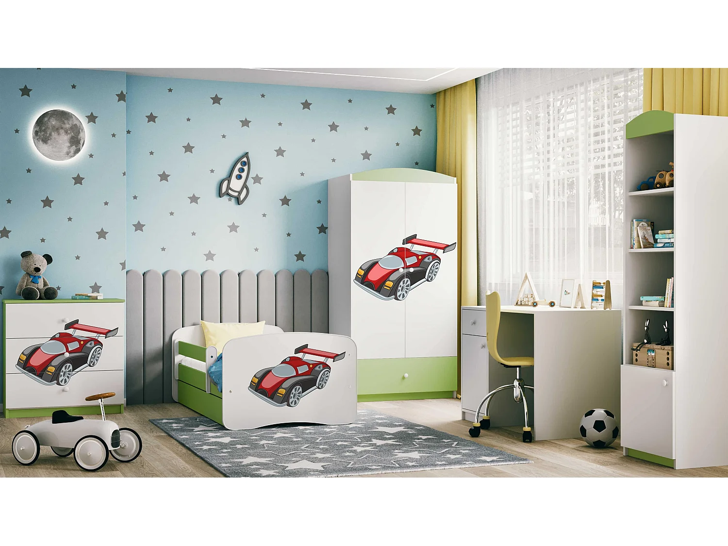Kinderkleiderschrank Babydreams Drehtürenschrank Kleiderschrank Rennwagen Grün