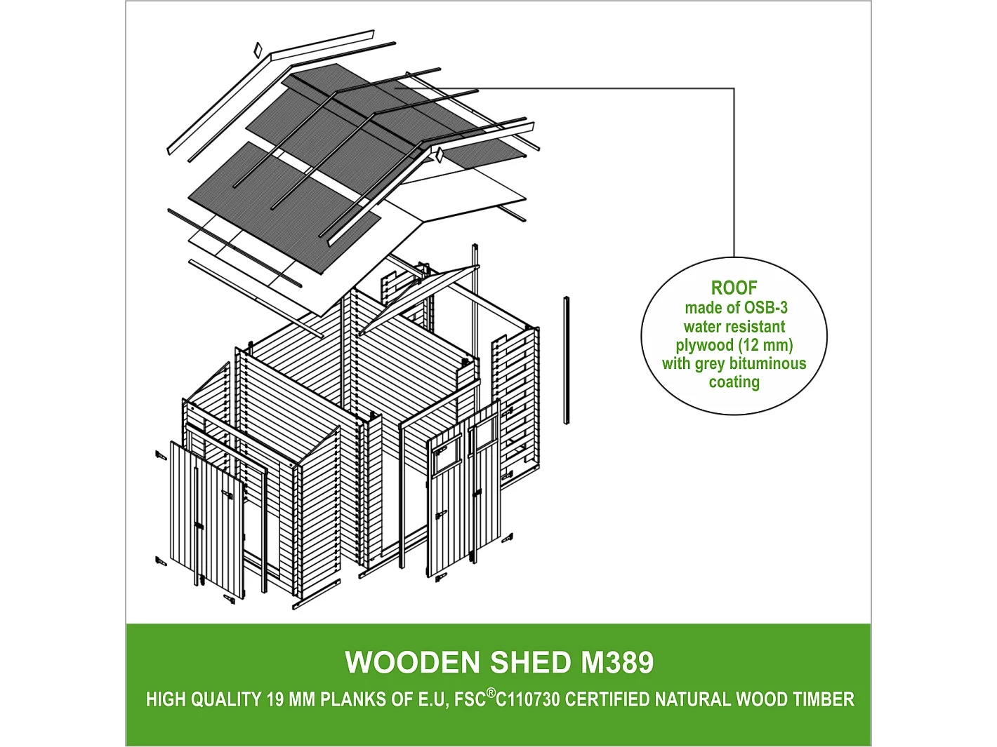Timbela M389 - Houten tuinhuis-brandhoutschuurtje 5,41 m2 - Tuinschuurtje zonder vloer