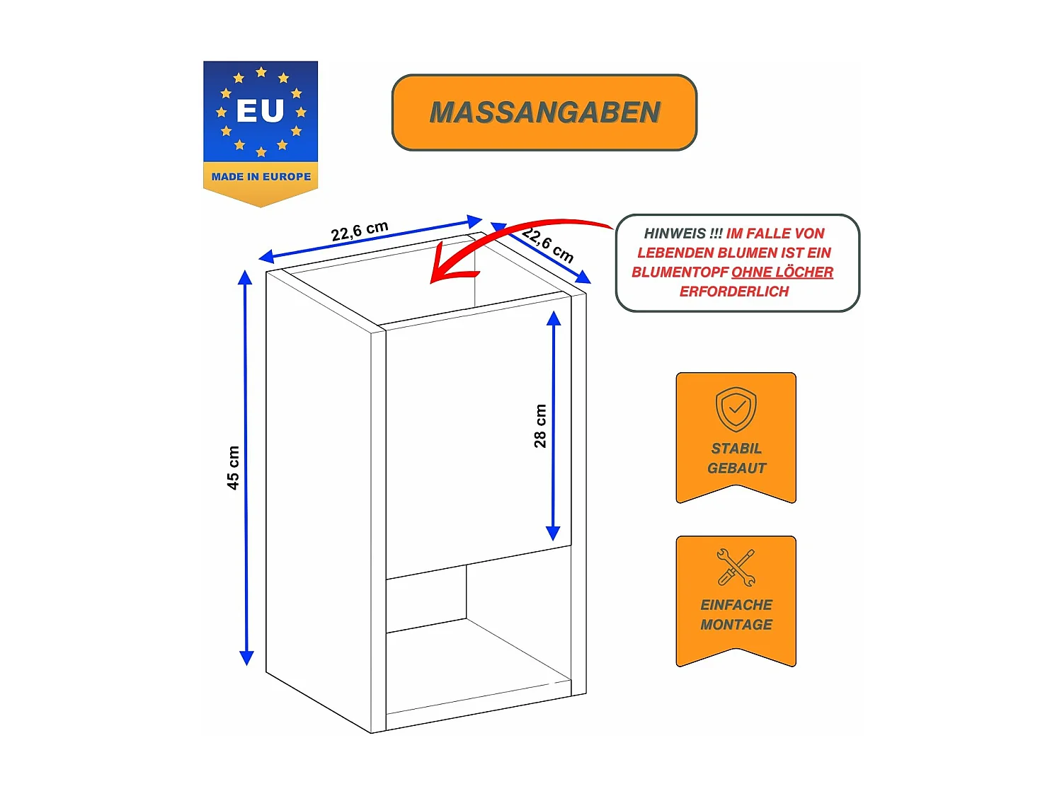 Blumenständer für Innenräume, Blumenkasten ohne Einsatz, Pflanzkasten 45x22,6x22,6cm