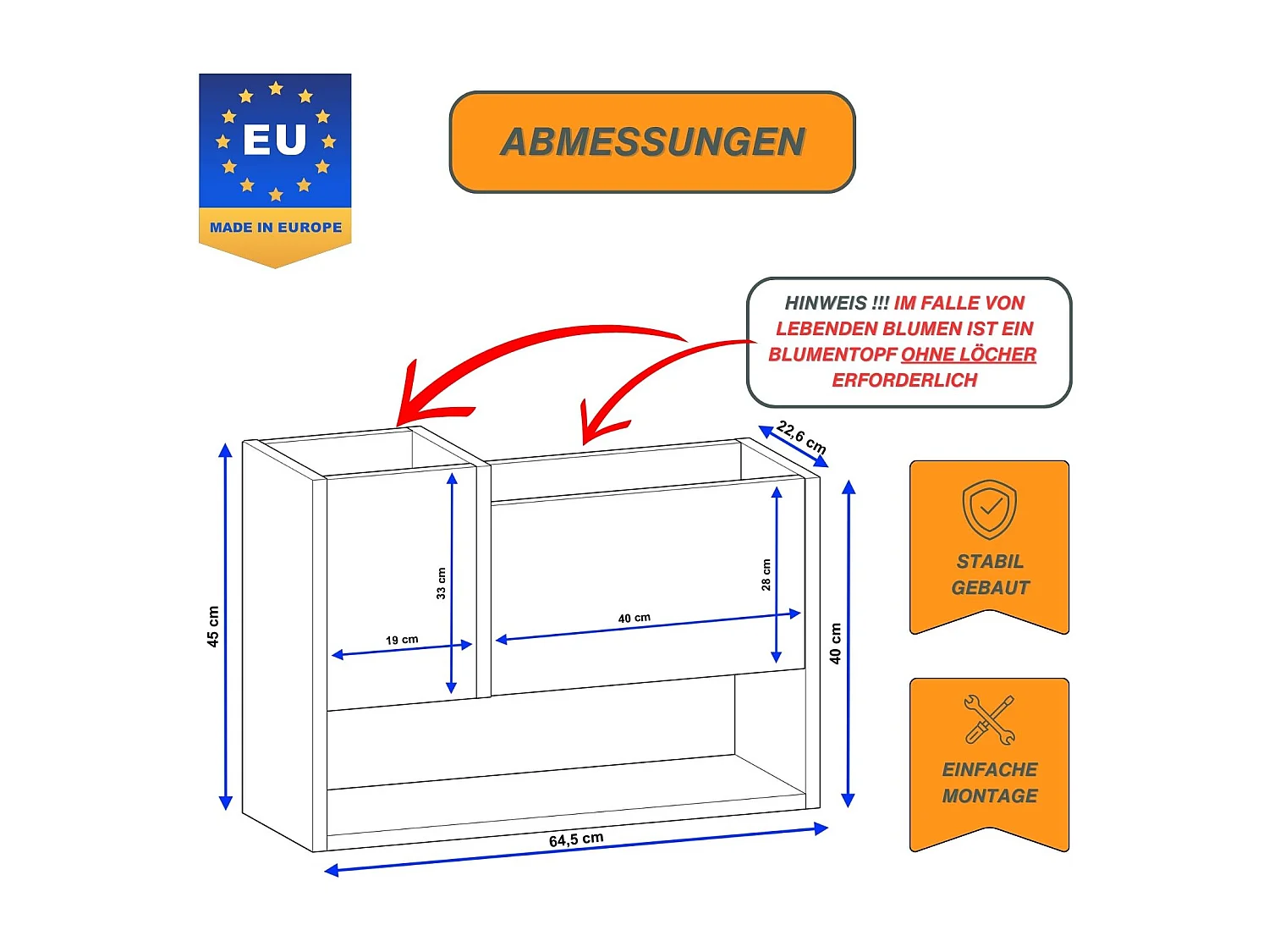 Blumenständer für Innenräume, Blumenkasten ohne Einsatz, Pflanzkasten 45x64,5x22,6cm