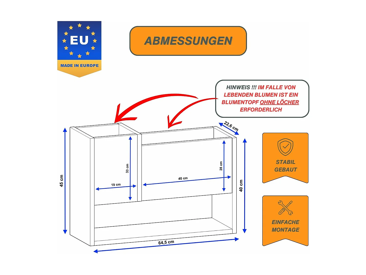 Blumenständer für Innenräume, Blumenkasten ohne Einsatz, Pflanzkasten 45x64,5x22,6cm