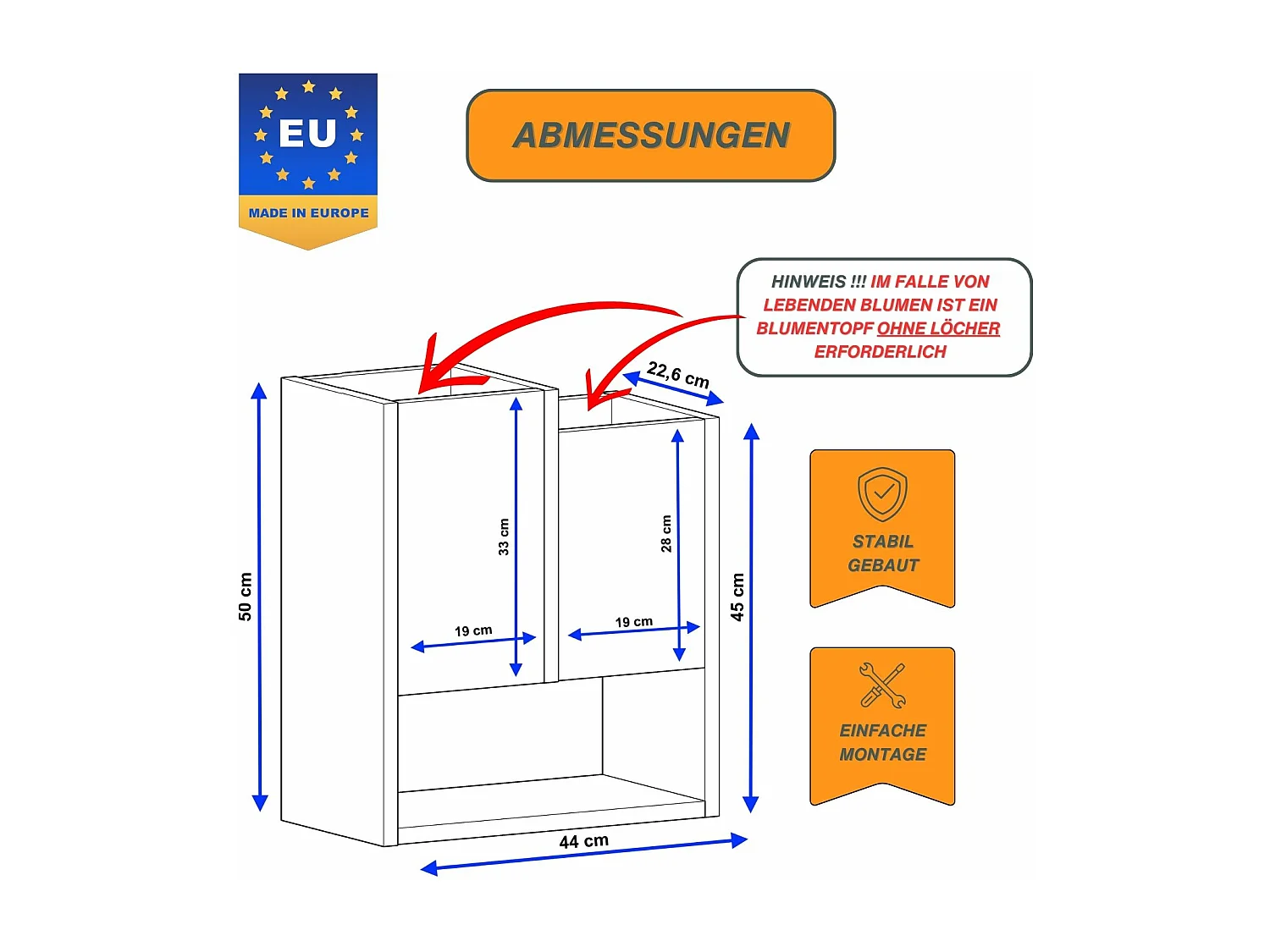 Blumenständer für Innenräume, Blumenkasten ohne Einsatz, Pflanzkasten 50x44x22,6cm