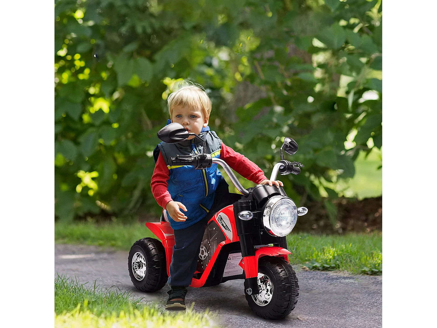 Moto électrique enfant chopper tout-terrain  6 V 20 W marche AV AR 3 roues effets lumineux et sonores rouge noir