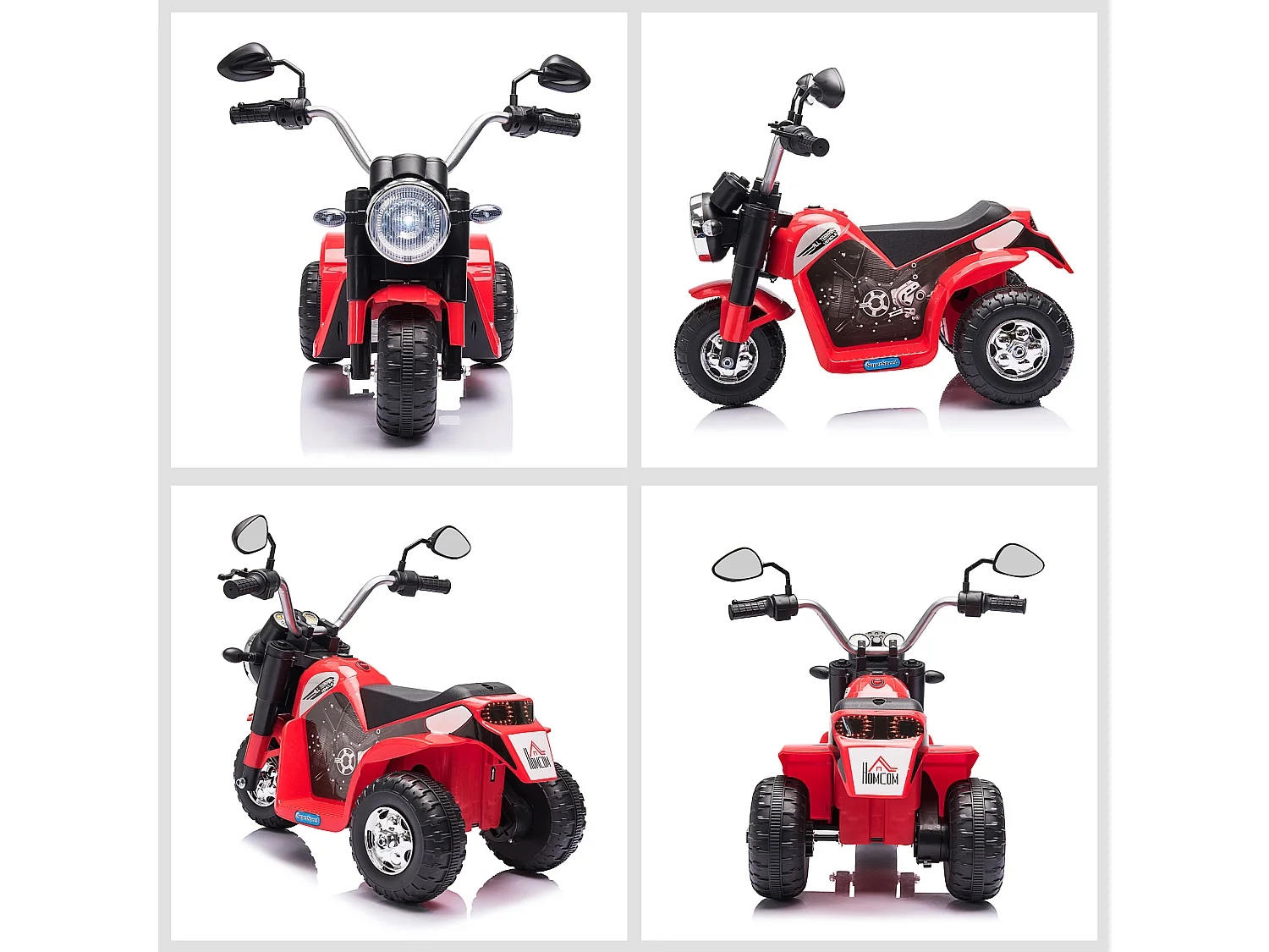 Moto électrique enfant chopper tout-terrain  6 V 20 W marche AV AR 3 roues effets lumineux et sonores rouge noir
