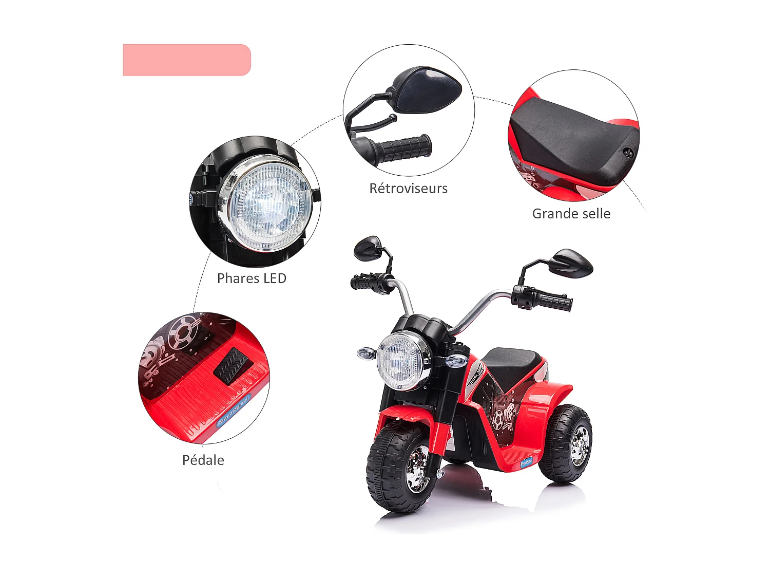 Moto électrique enfant chopper tout-terrain  6 V 20 W marche AV AR 3 roues effets lumineux et sonores rouge noir