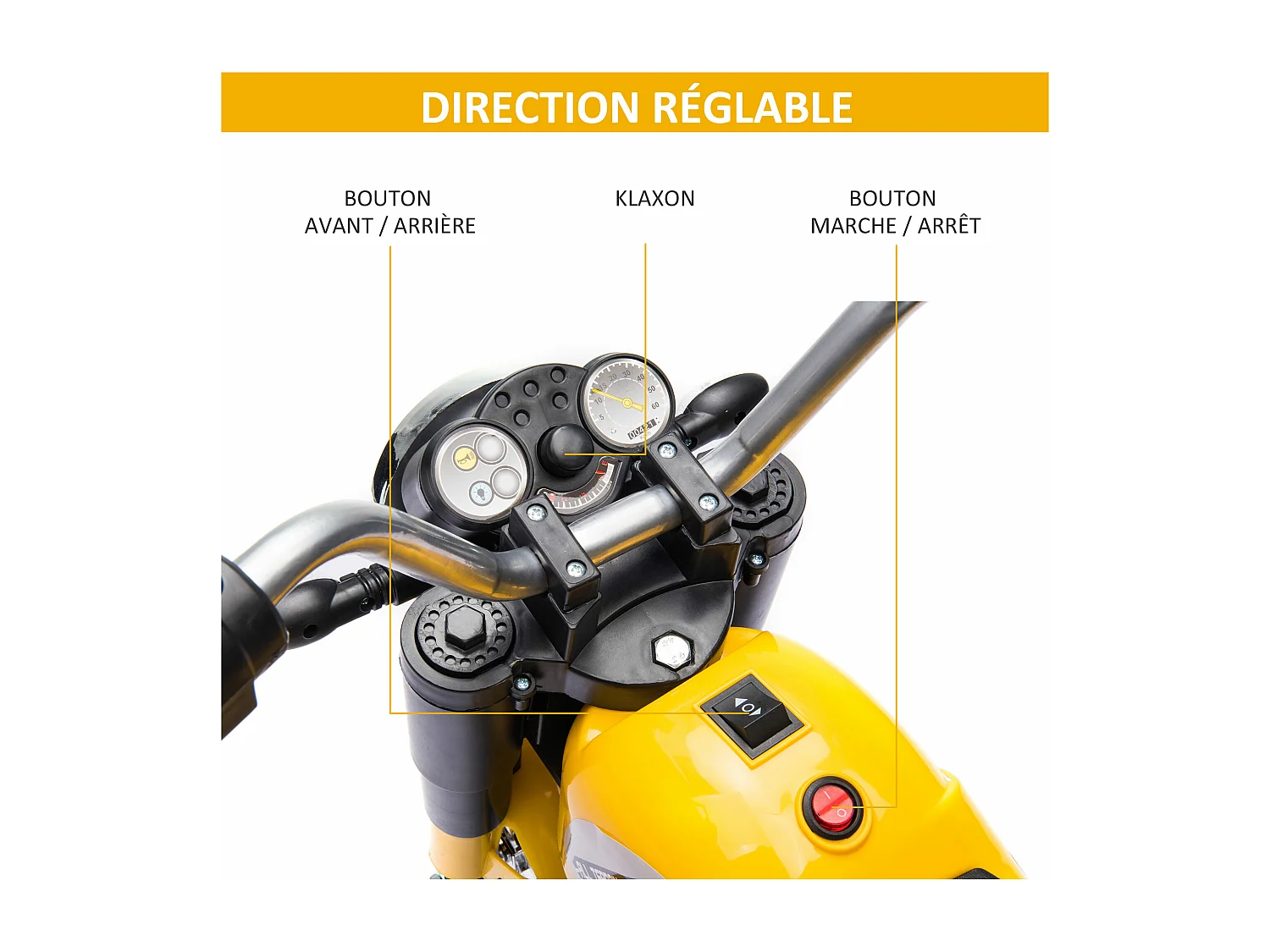 Moto électrique enfant chopper tout-terrain  6 V 20 W marche AV AR 3 roues effets lumineux et sonores jaune noir