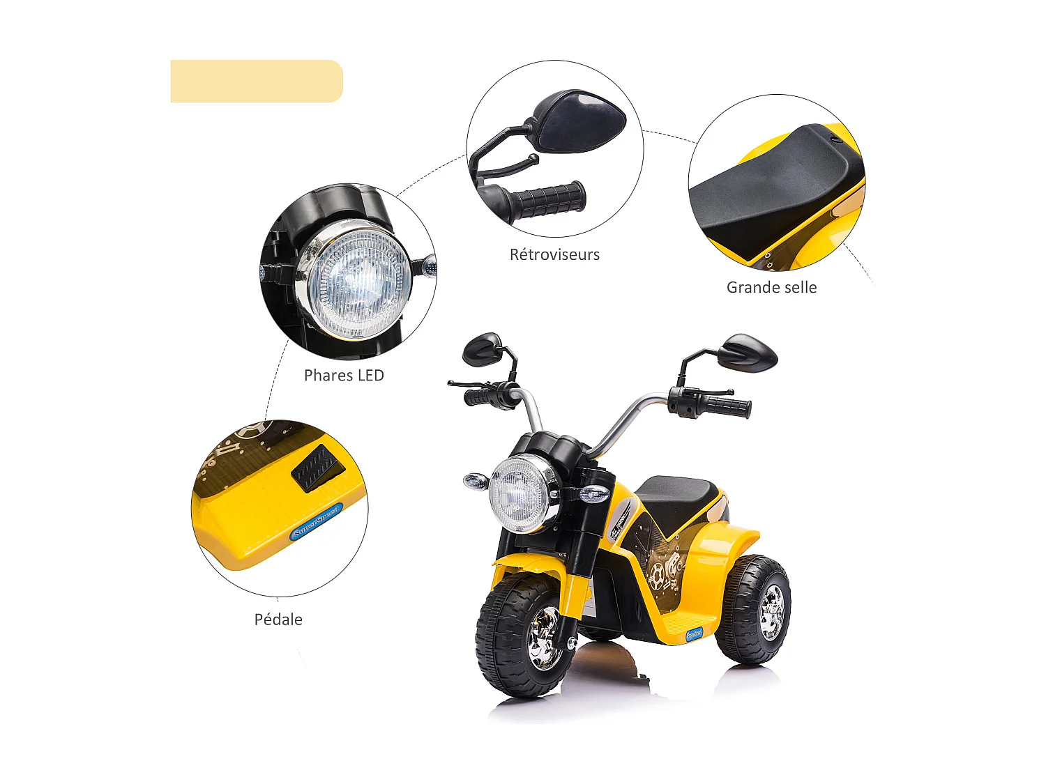 Moto électrique enfant chopper tout-terrain  6 V 20 W marche AV AR 3 roues effets lumineux et sonores jaune noir