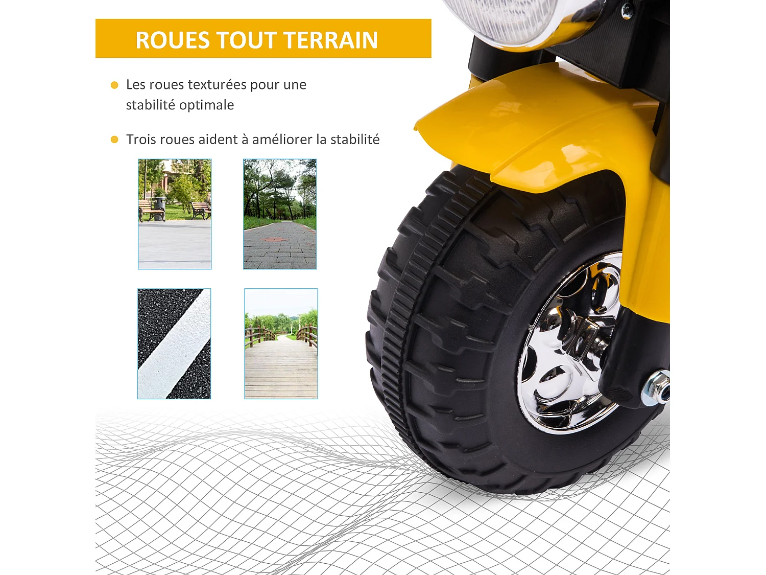 Moto électrique enfant chopper tout-terrain  6 V 20 W marche AV AR 3 roues effets lumineux et sonores jaune noir