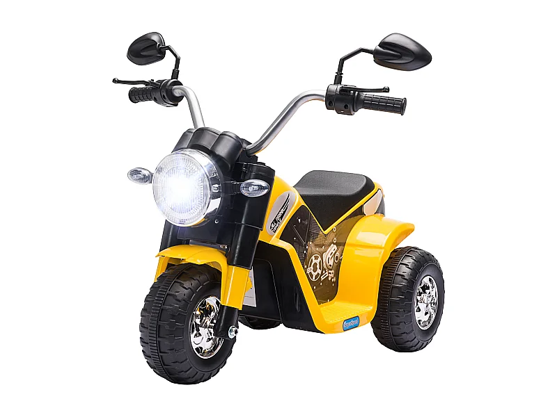 Moto électrique enfant chopper tout-terrain  6 V 20 W marche AV AR 3 roues effets lumineux et sonores jaune noir