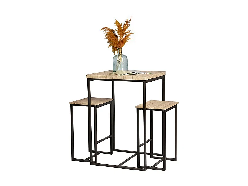 Ensemble table haute avec 2 tabourets – DARYL – Chêne et Métal Noir