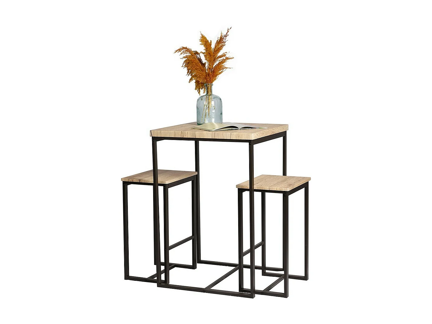 Ensemble table haute avec 2 tabourets – DARYL – Chêne et Métal Noir