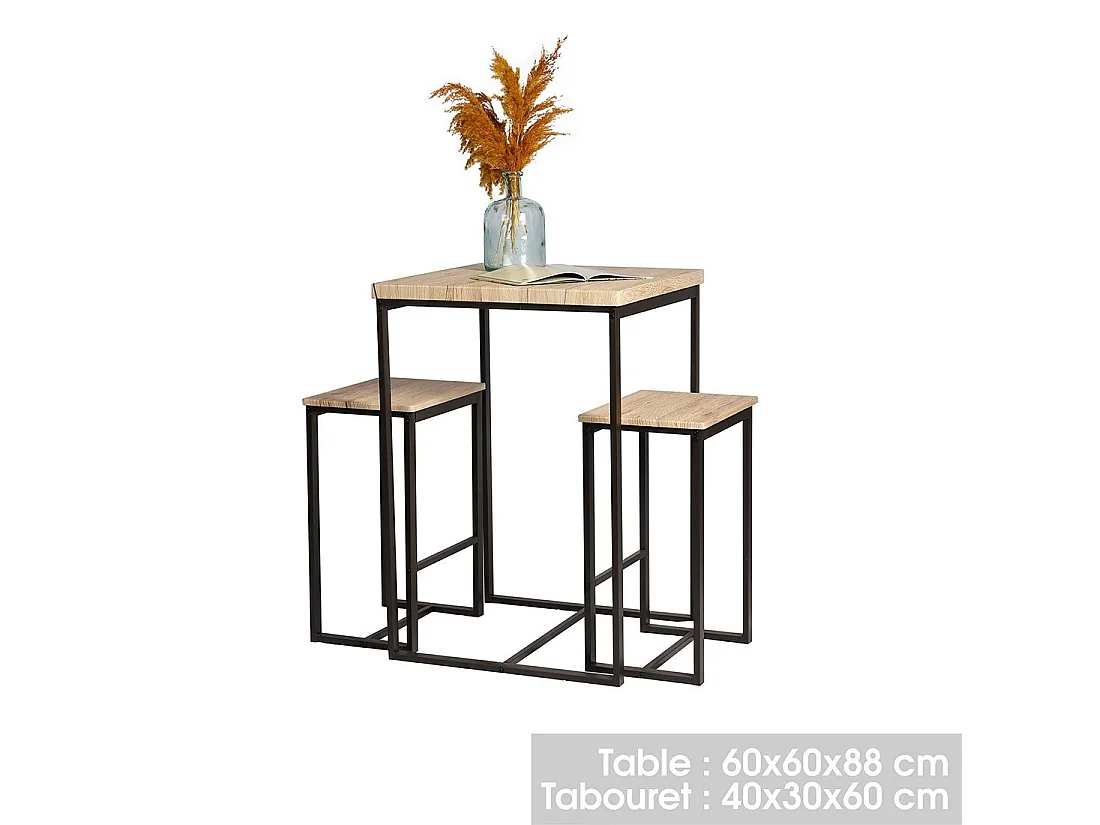 Ensemble table haute avec 2 tabourets – DARYL – Chêne et Métal Noir