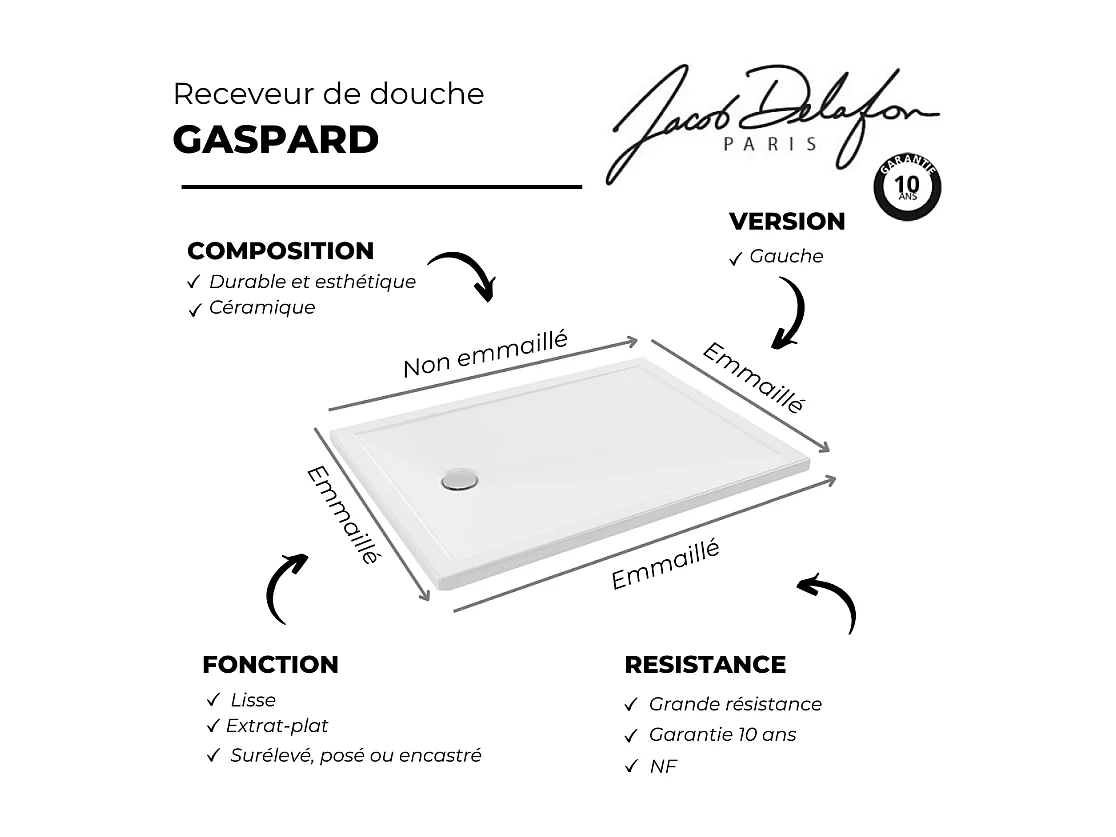 Receveur de douche 120 x 90 JACOB DELAFON Gaspard bonde à gauche + bonde Gaspard