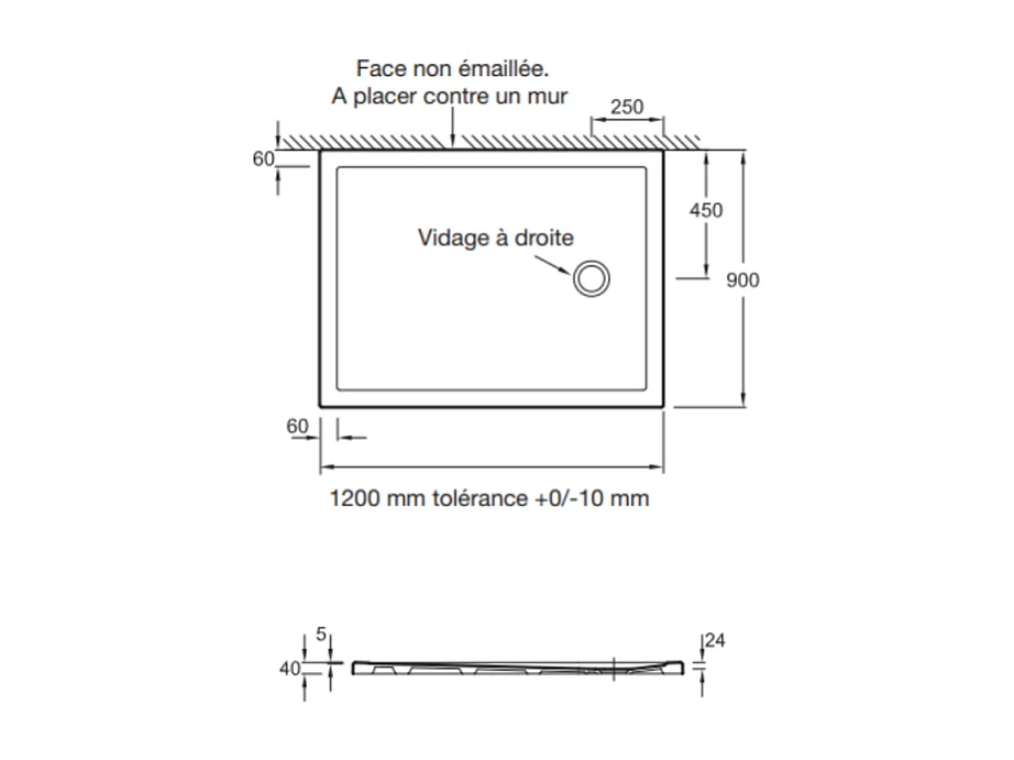 Receveur de douche 120 x 90 JACOB DELAFON Gaspard bonde à droite + bonde + kit de réhausse